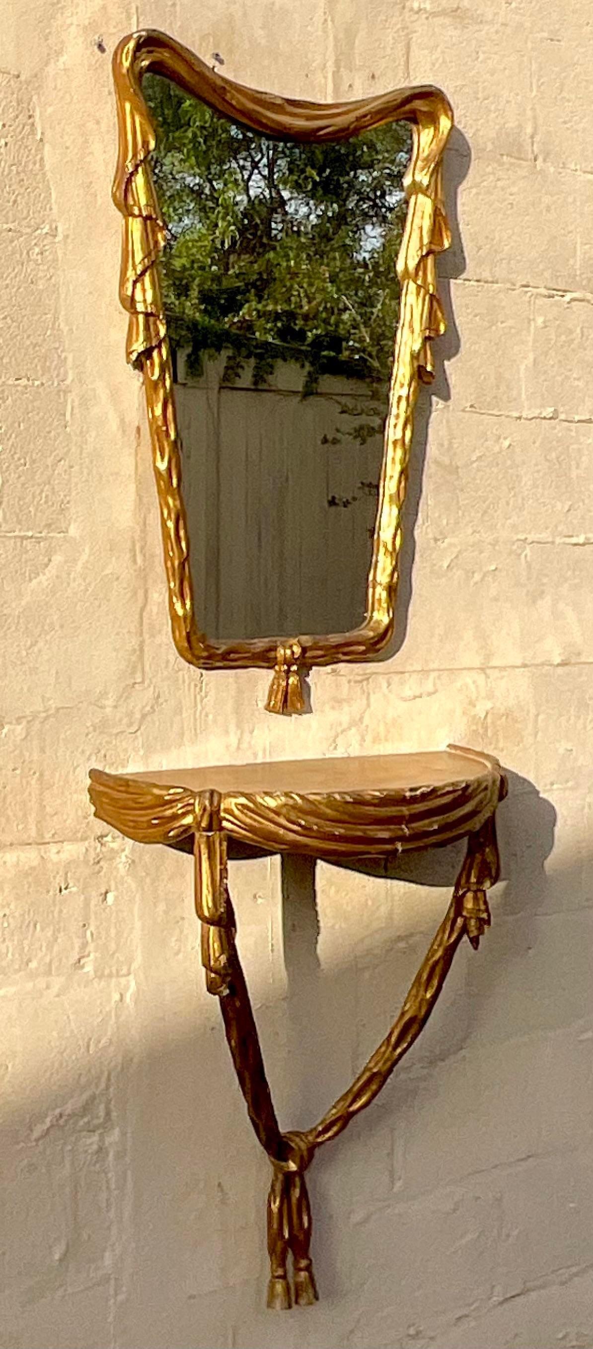 Mid 20th Century Vintage Regency Italian Palladio Wall Mount Swag Gilt Mirror  In Good Condition In west palm beach, FL