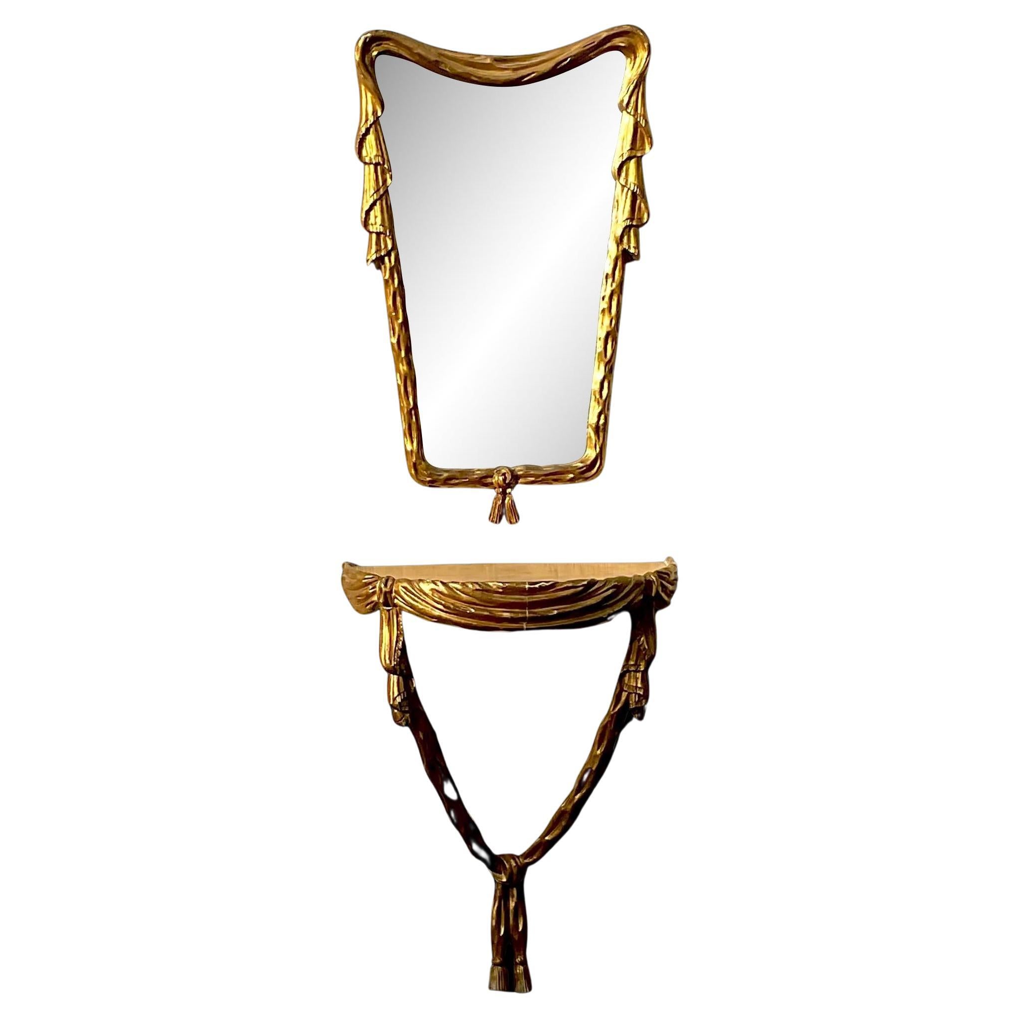 Mid 20th Century Vintage Regency Italian Palladio Wall Mount Swag Gilt Mirror 