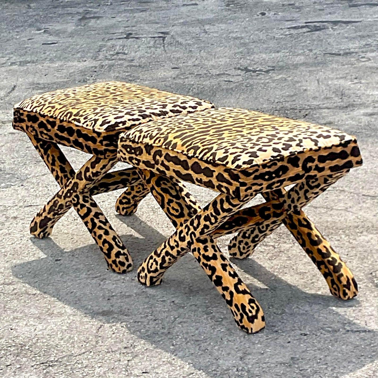 North American Mid 20th Century Vintage Regency Leopard X Benches - a Pair