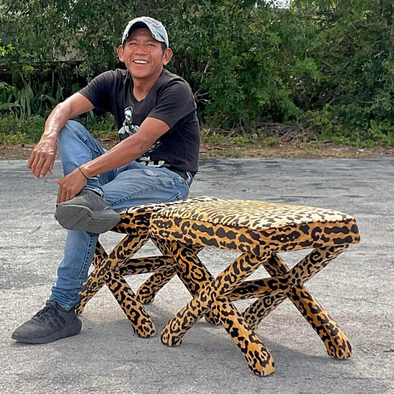 Mid 20th Century Vintage Regency Leopard X Benches - a Pair In Good Condition For Sale In west palm beach, FL