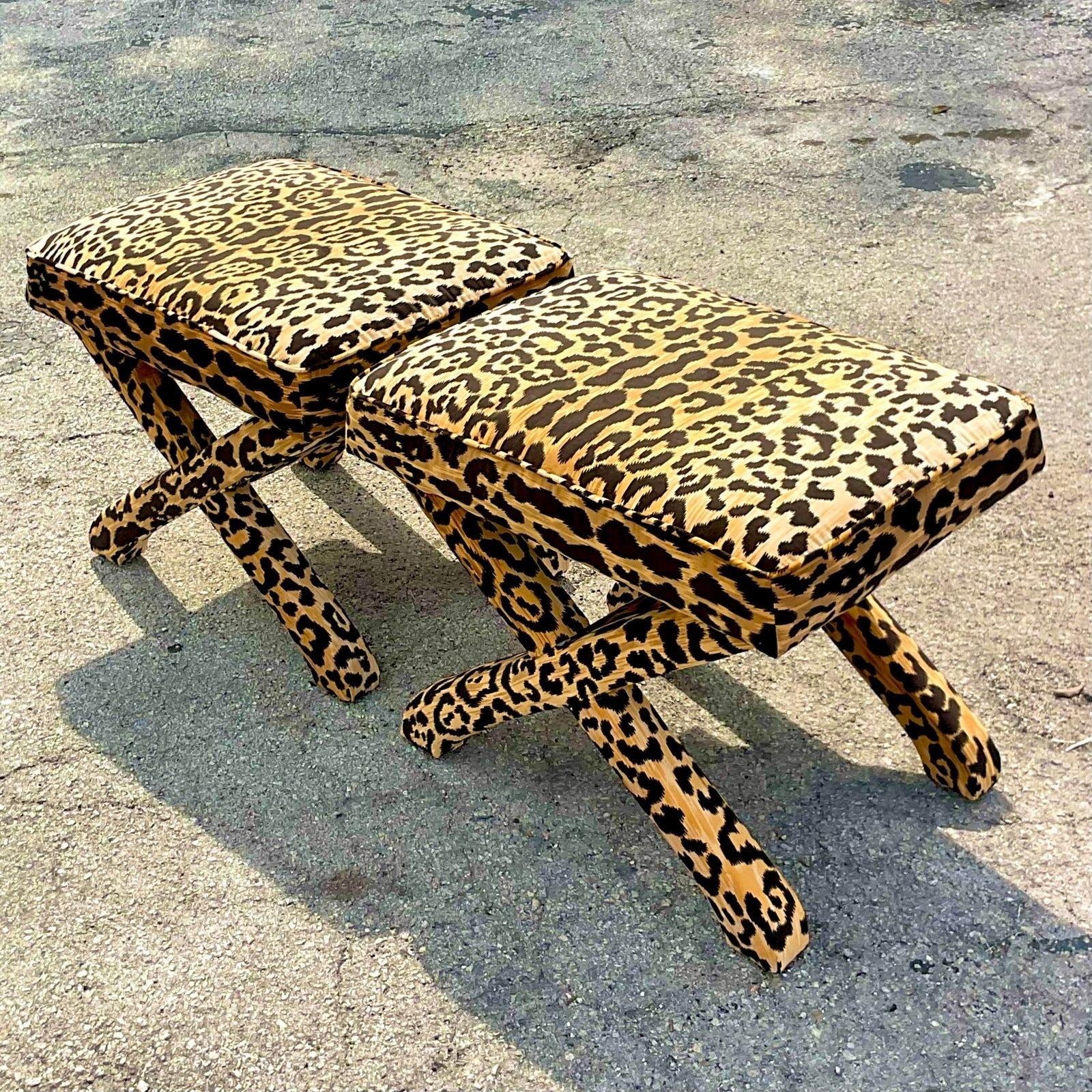 Upholstery Mid 20th Century Vintage Regency Leopard X Benches - a Pair For Sale