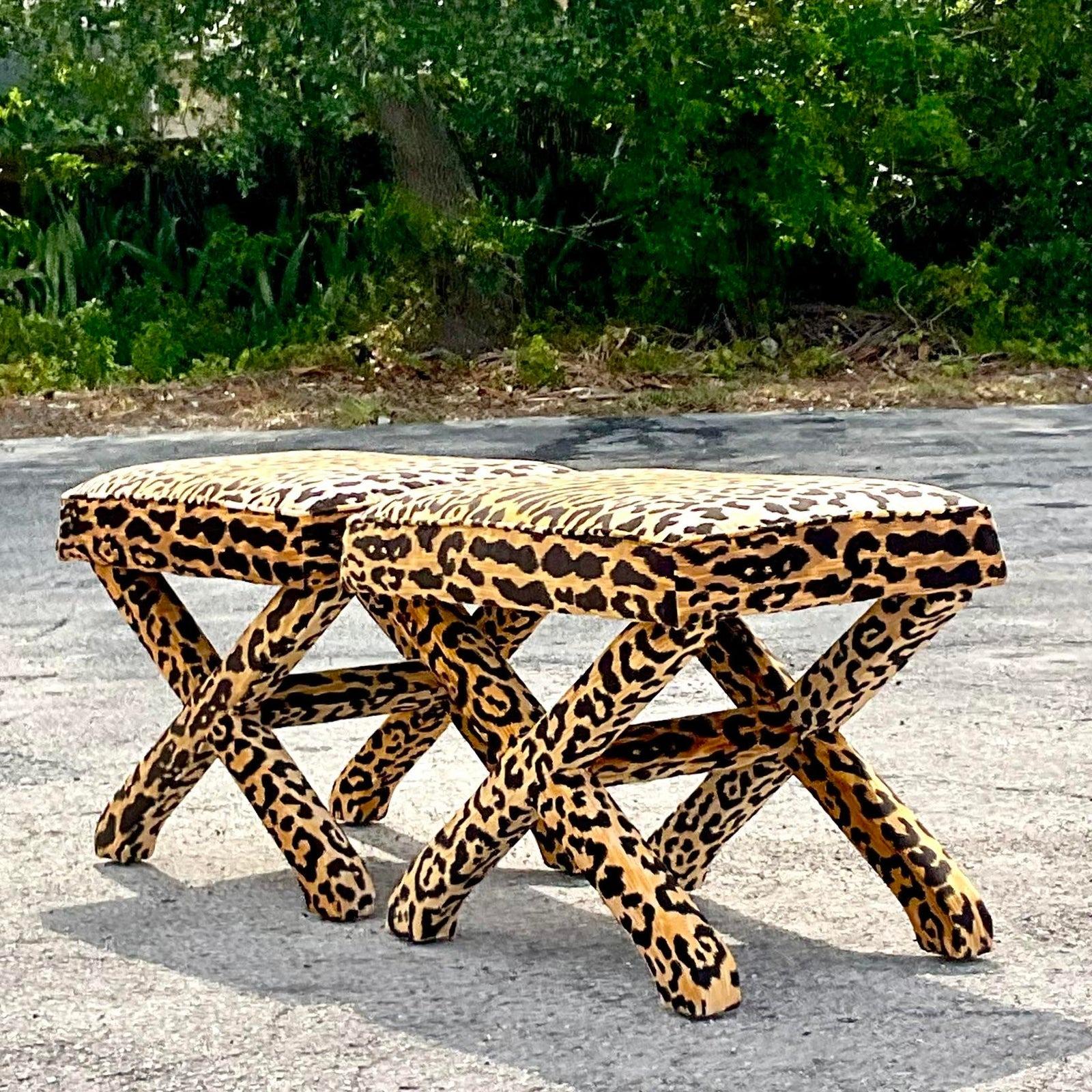 Mid 20th Century Vintage Regency Leopard X Benches - a Pair For Sale 1