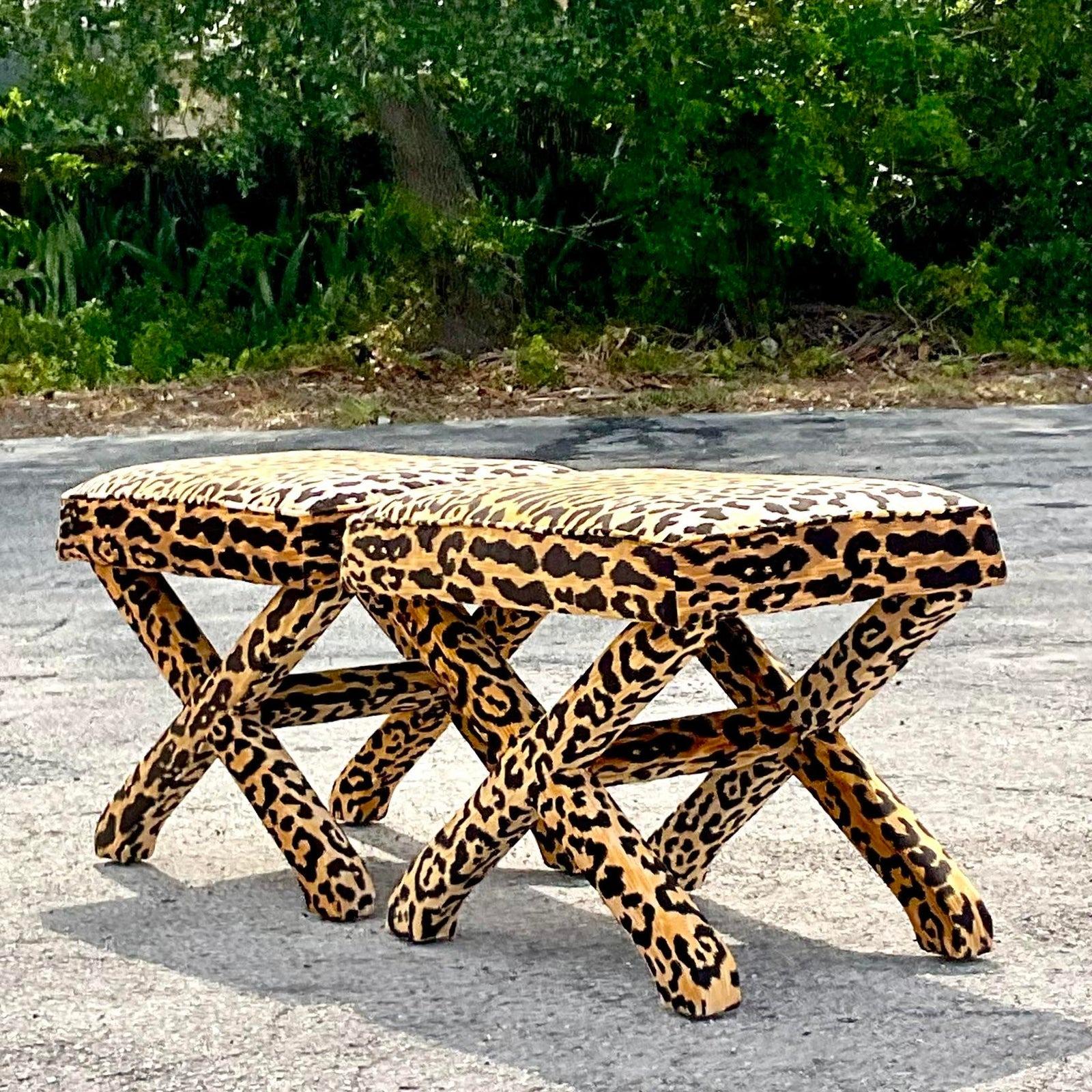Mid 20th Century Vintage Regency Leopard X Benches - a Pair 1