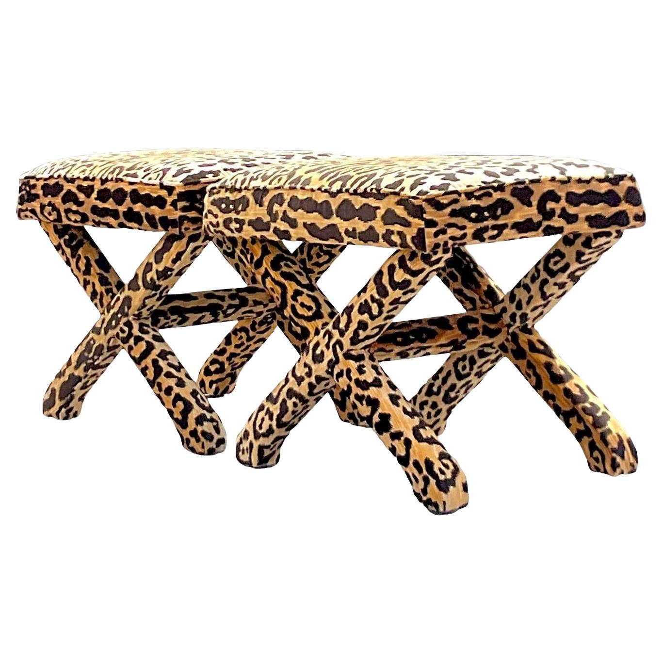 Mid 20th Century Vintage Regency Leopard X Benches - a Pair For Sale