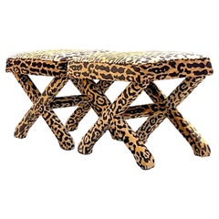 Mid 20th Century Vintage Regency Leopard X Benches - a Pair