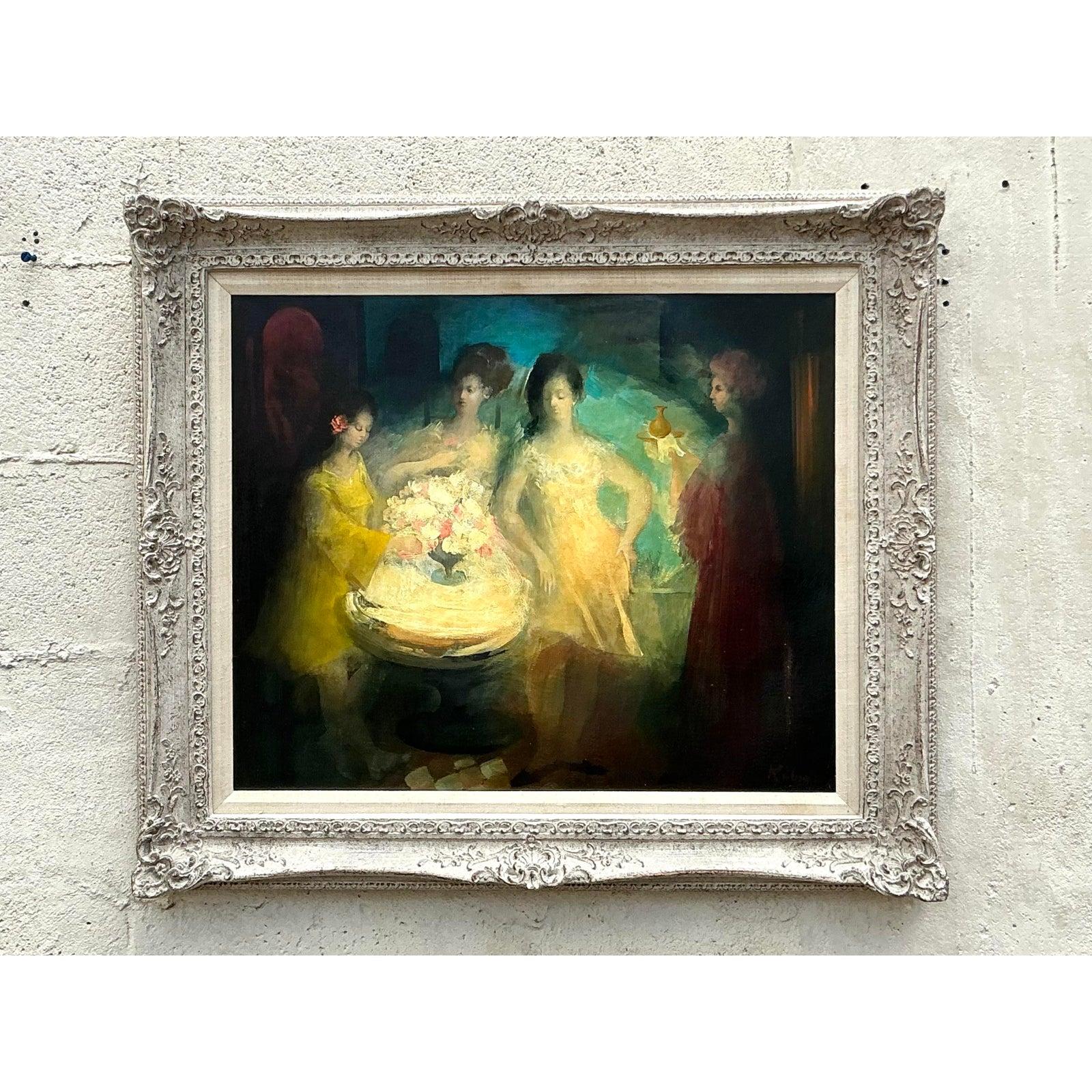 Verleihen Sie Ihren Räumen die zeitlose Eleganz dieses figurativen Ölgemäldes im Vintage-Regency-Stil. Dieses fesselnde Kunstwerk auf Leinwand zeigt ein intimes Beisammensein, vielleicht eine Salonszene oder einen Moment vornehmer Muße, ausgeführt