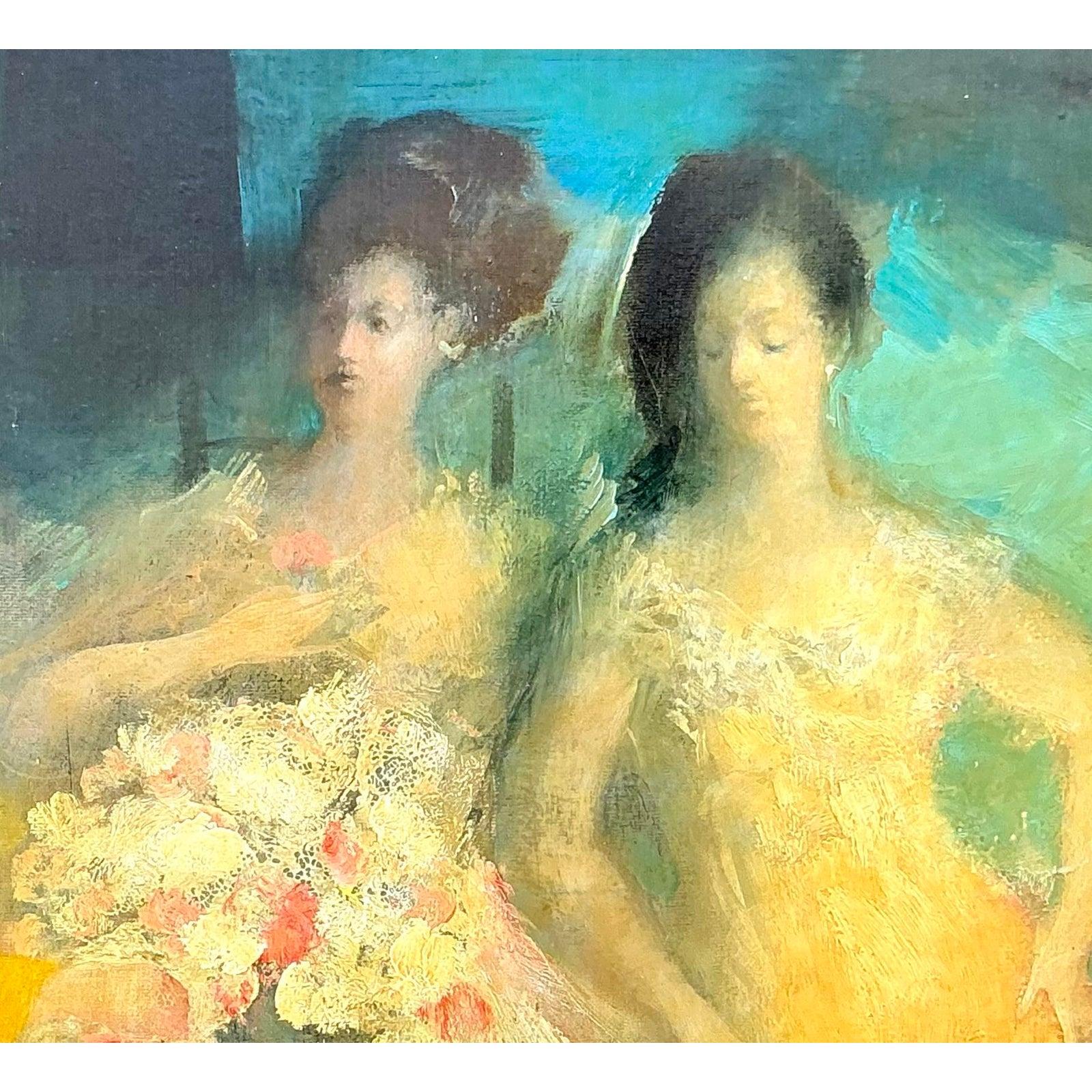 Original figuratives Vintage Regency-Ölgemälde auf Leinwand, Mid- 20. Jahrhundert, Vintage im Zustand „Gut“ im Angebot in West Palm Beach, FL