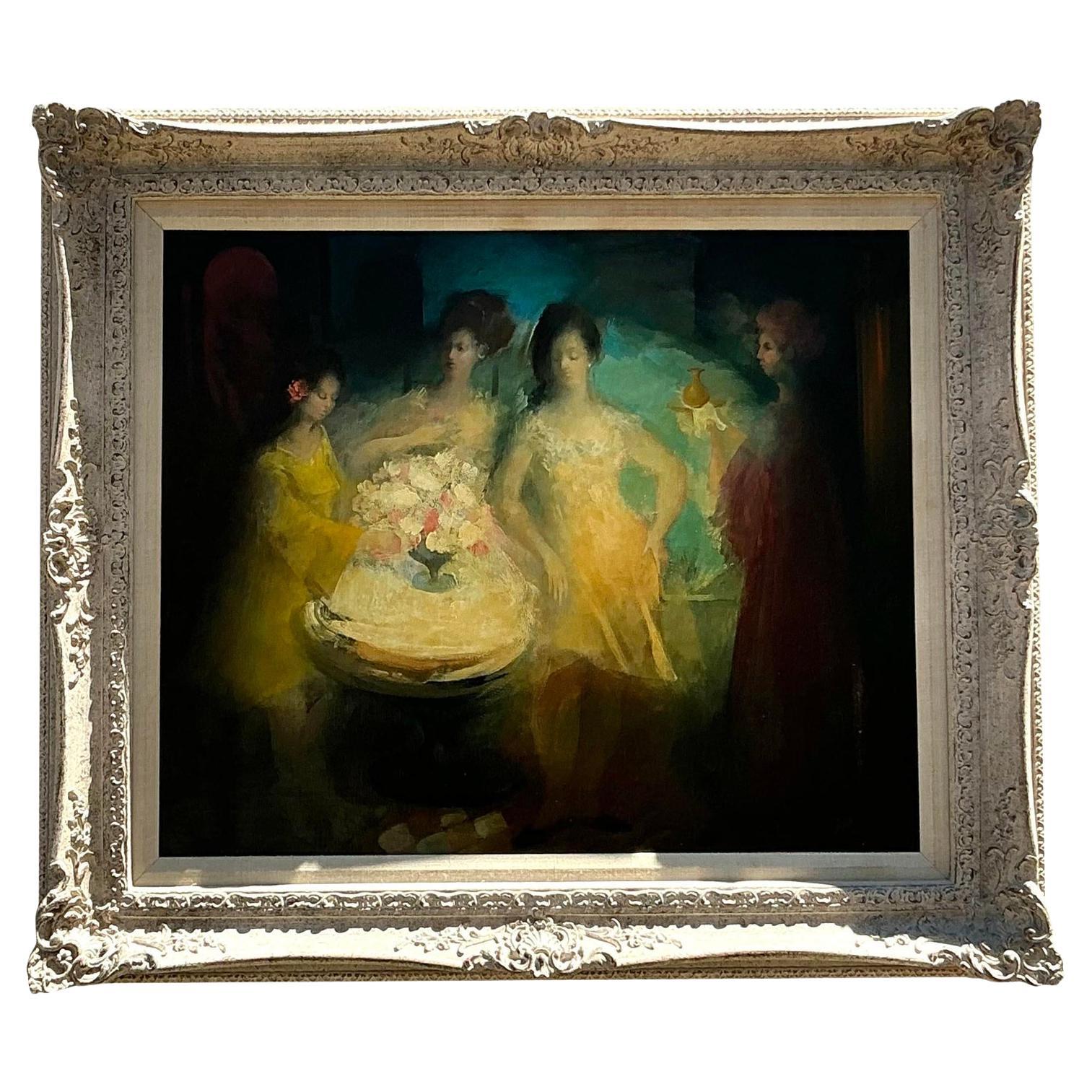 Óleo figurativo sobre lienzo original de mediados del siglo XX Vintage Regency