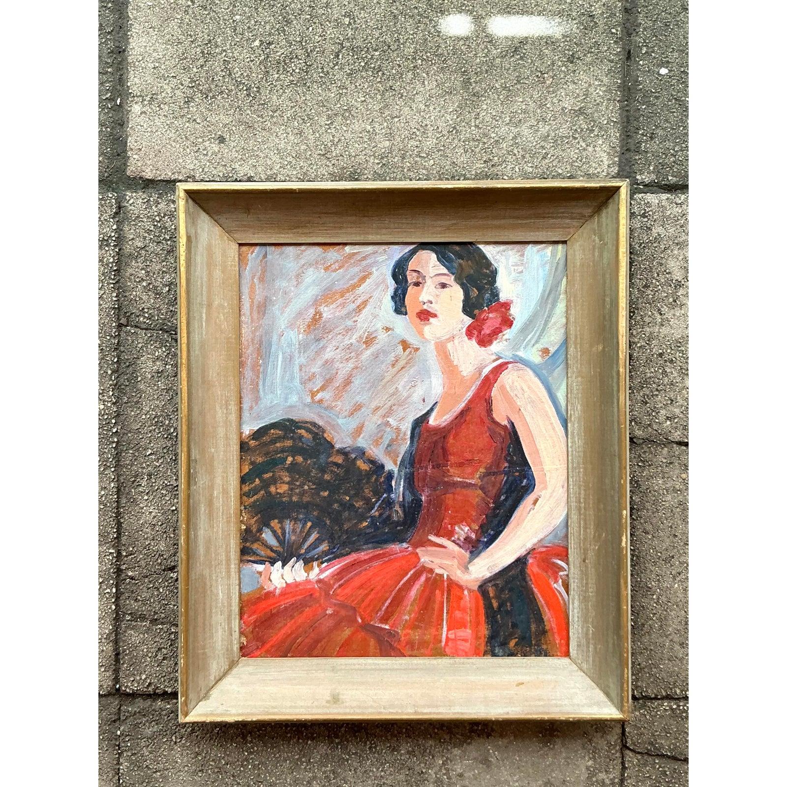 Beleben Sie Ihren Raum mit der Leidenschaft und Dramatik dieses Original-Ölgemäldes auf Karton, das eine traditionelle Flamenco-Tänzerin zeigt. Die Tänzerin in ihrem leuchtend roten Kleid, mit einer Blume im Haar und einem eleganten Fächer in der