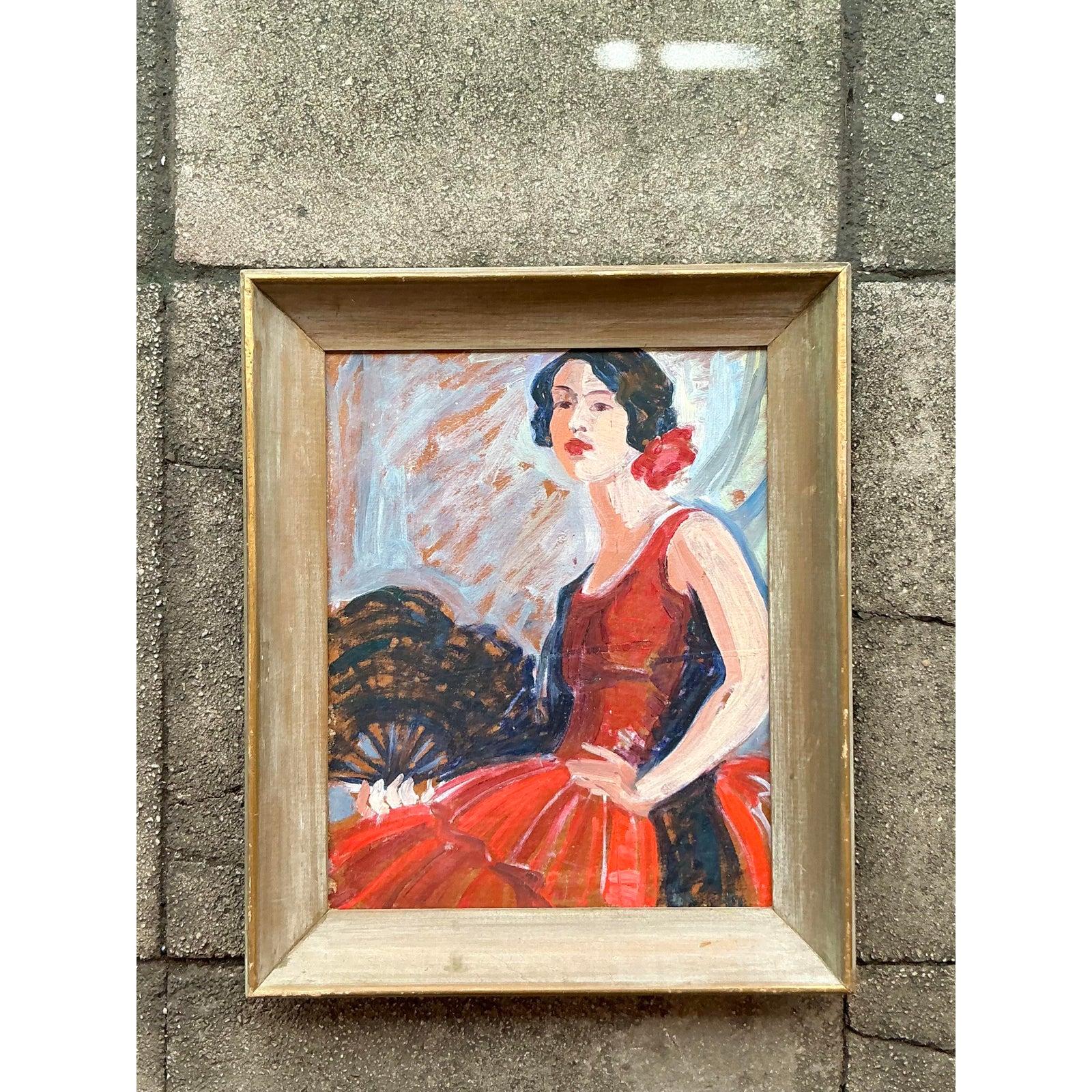 Mitte des 20. Jahrhunderts Vintage Regency Original Flamenco-Tänzer Öl auf Karton (amerikanisch) im Angebot
