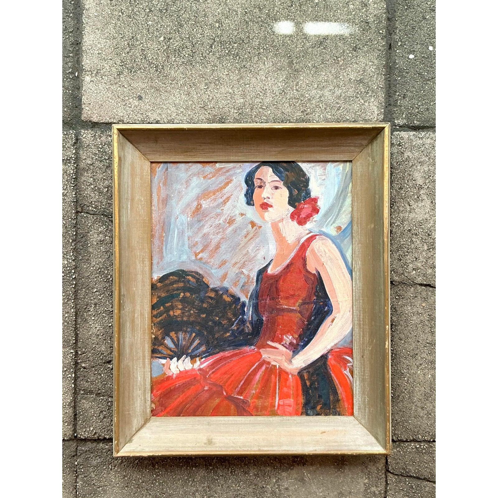 Mitte des 20. Jahrhunderts Vintage Regency Original Flamenco-Tänzer Öl auf Karton (Leinwand) im Angebot