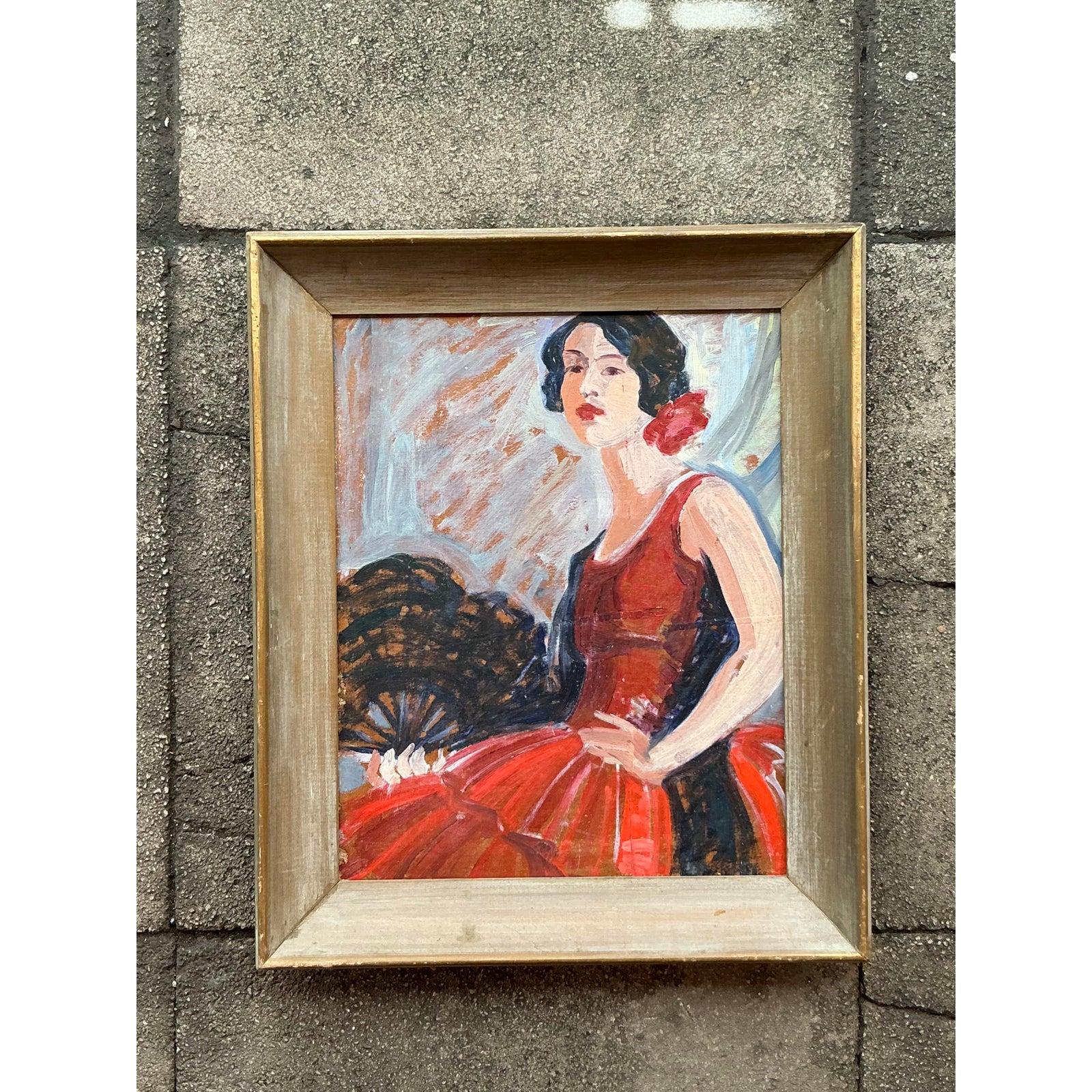 Mitte des 20. Jahrhunderts Vintage Regency Original Flamenco-Tänzer Öl auf Karton im Angebot 1