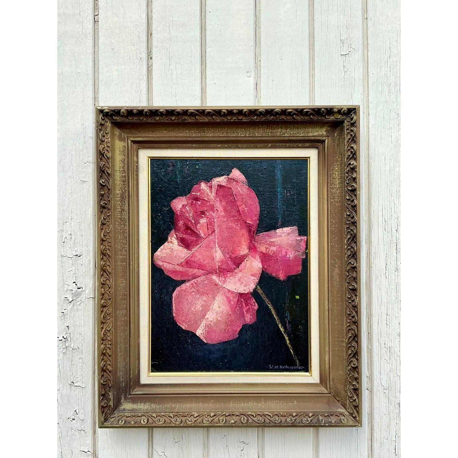 Capturez le romantisme intemporel et la beauté botanique avec cette captivante peinture à l'huile vintage. Cette œuvre d'art dégage une élégance classique, avec une seule rose luxuriante représentée par des coups de pinceau riches et expressifs sur
