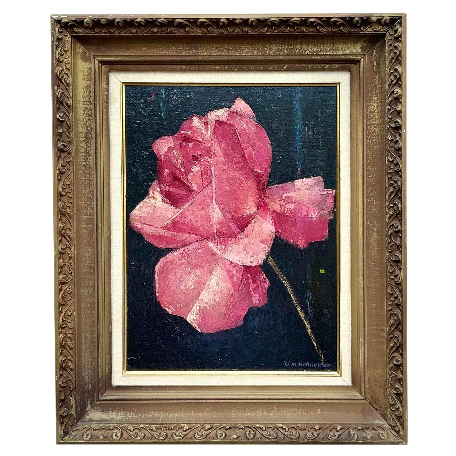 Mid 20th Century Vintage Regency Original Oil Painting of Rose