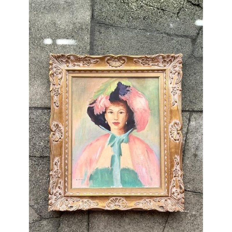 Exuding timeless elegance and classic charm, this vintage original oil portrait captures the grace of a bygone era. The painting depicts a distinguished woman, adorned in period attire with a striking plumed hat, rendered in expressive brushstrokes
