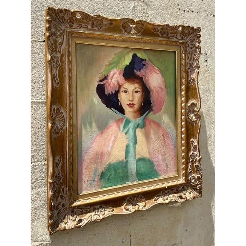 Canvas Mid 20th Century Vintage Regency Original Oil Portrait of Woman For Sale
