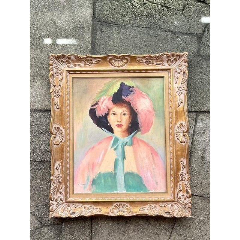 Mid 20th Century Vintage Regency Original Oil Portrait of Woman For Sale 1
