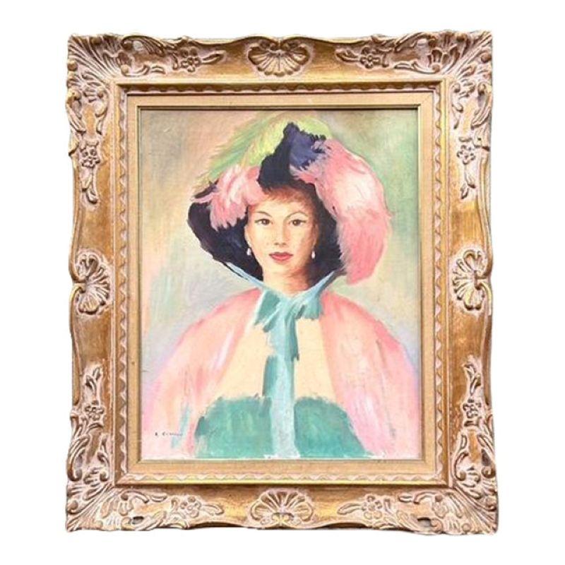 Mid 20th Century Vintage Regency Original Oil Portrait of Woman For Sale 2