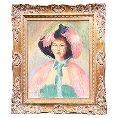 Retrato de mujer al óleo original de mediados del siglo XX Vintage Regency