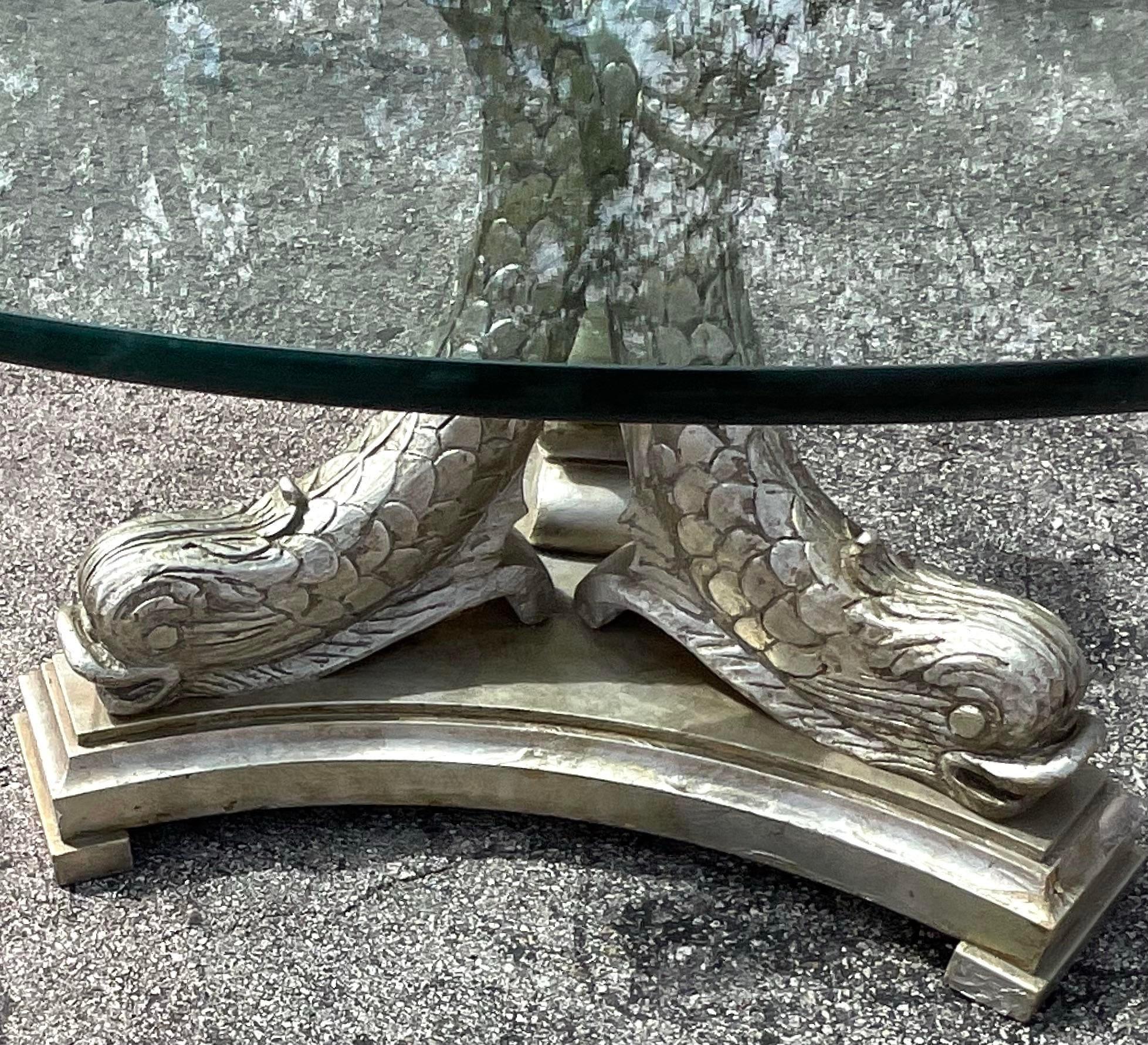 Glass Mid 20th Century Vintage Regency Silver Leaf Koi Center Hall Table For Sale