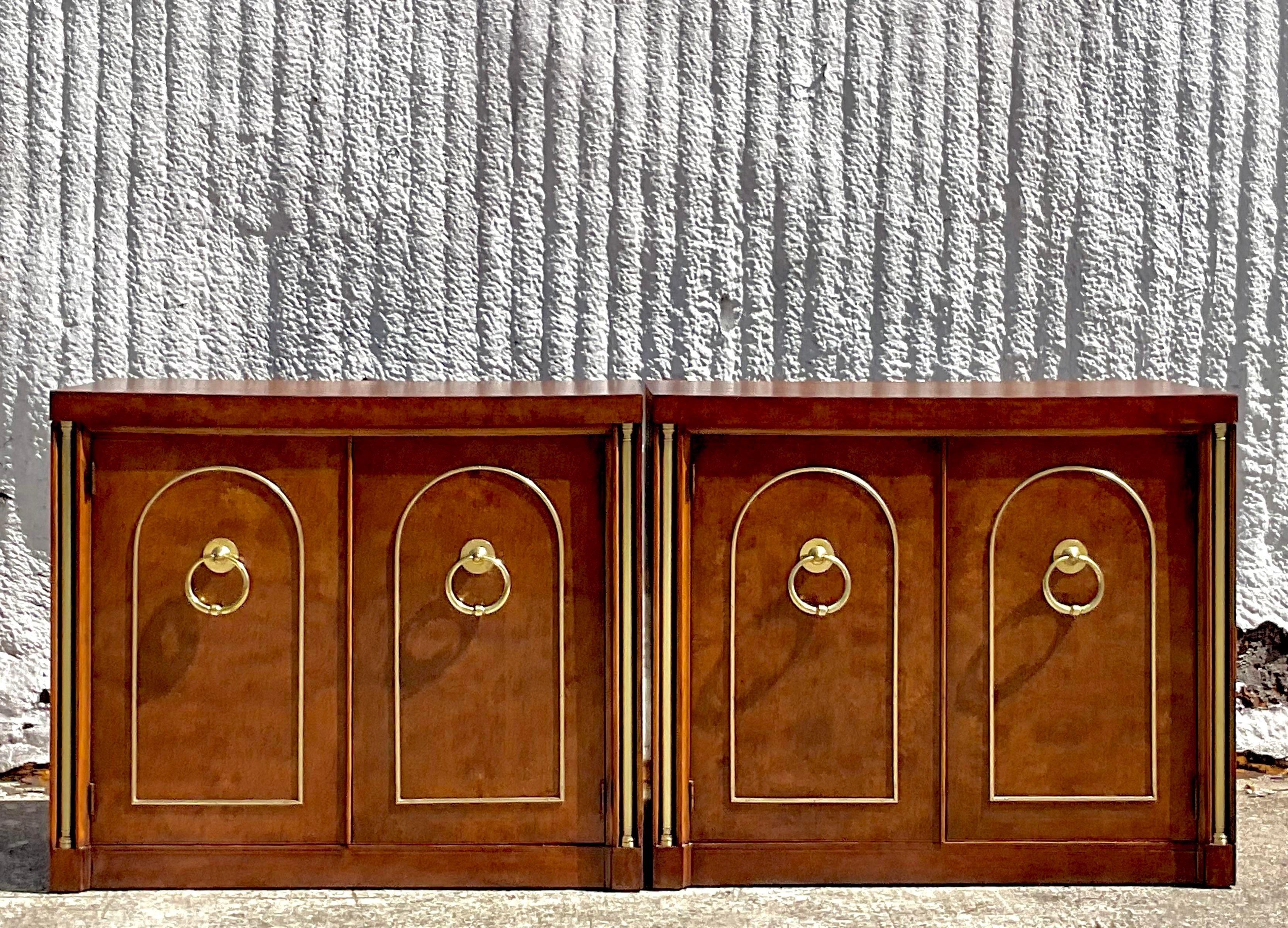 Mid 20th Century Vintage Regency Tagged Weiman Brass Ring Cabinets - a Pair In Good Condition In west palm beach, FL