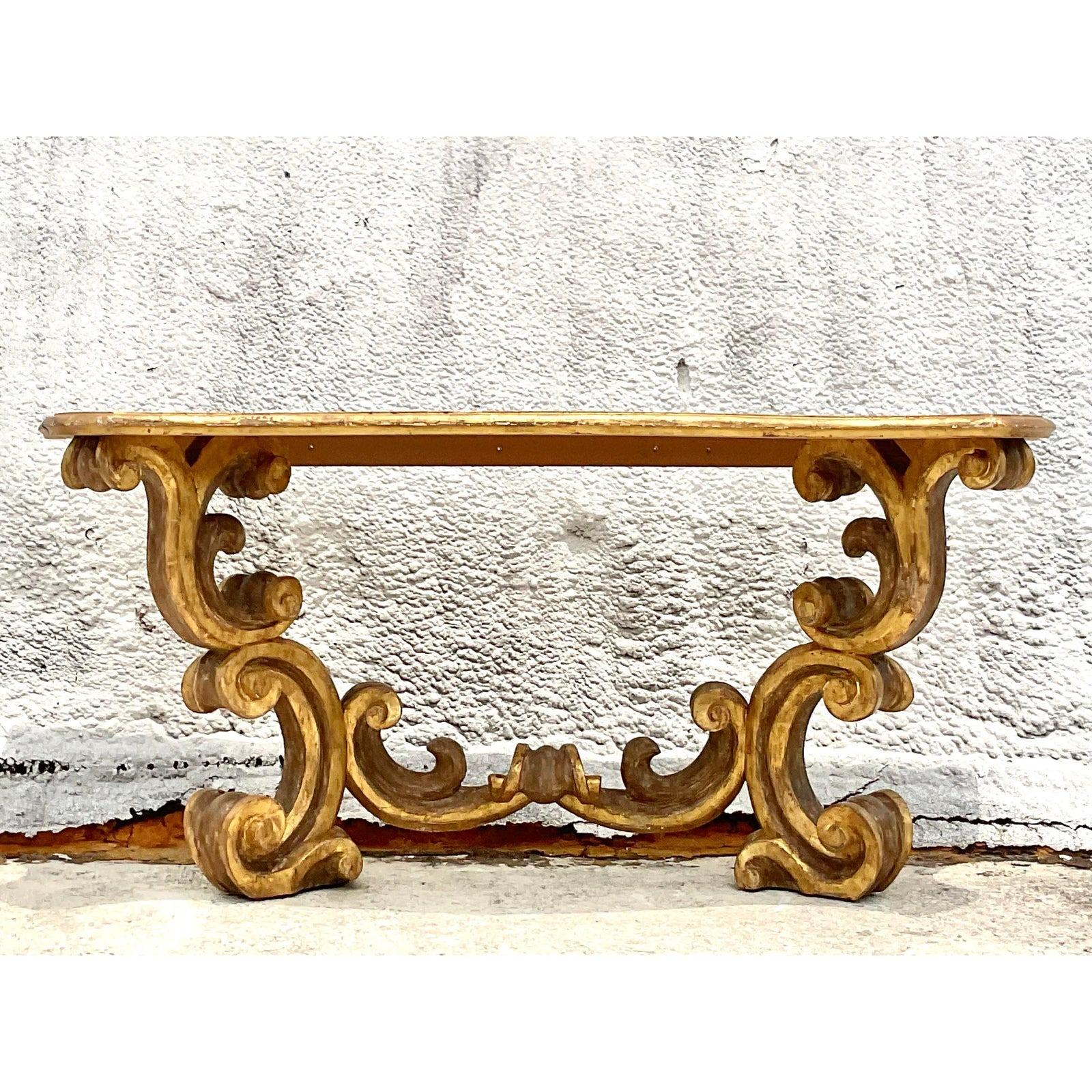 North American Mid 20th Century Vintage Rococo Gilt Wall Mount Console Table For Sale