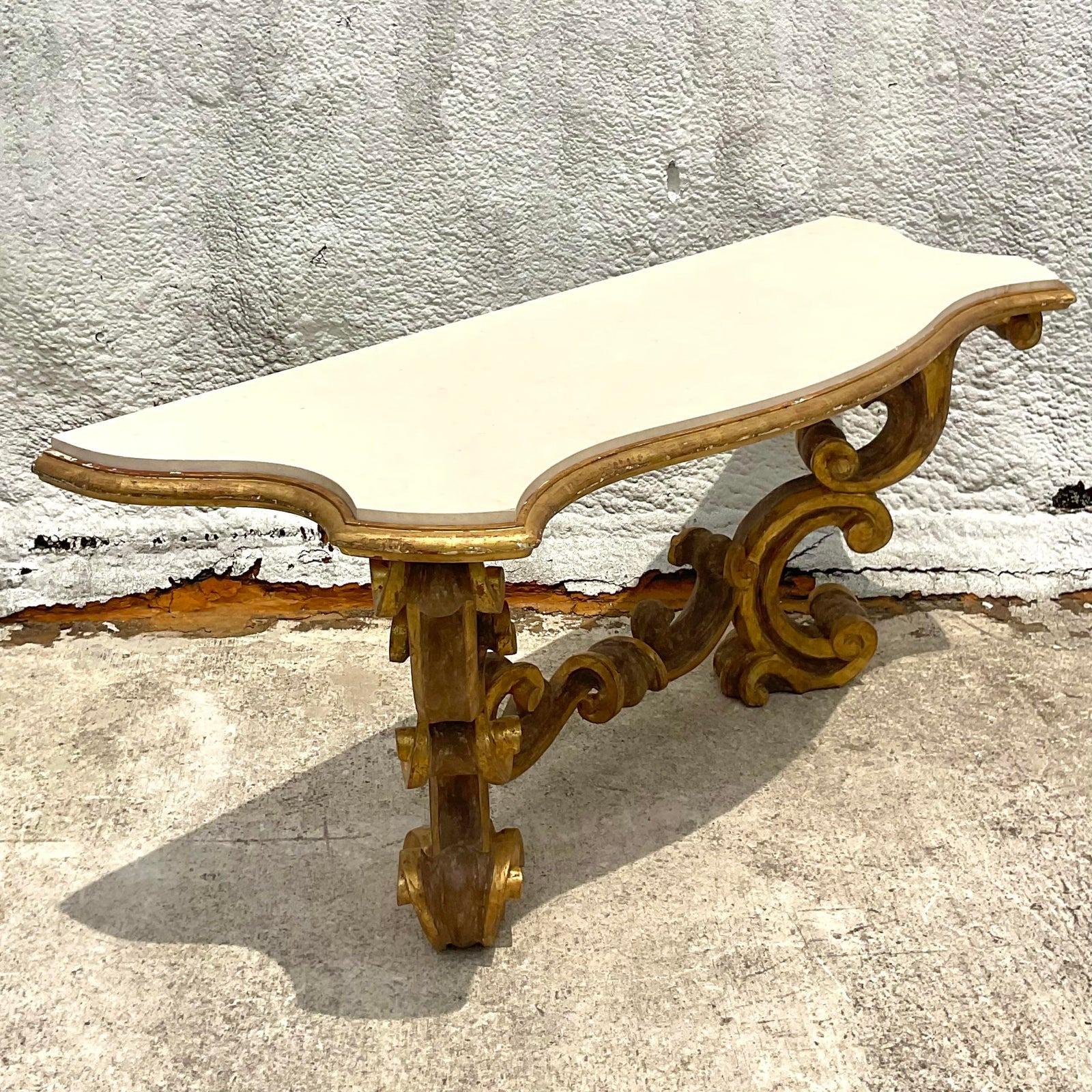 Mid 20th Century Vintage Rococo Gilt Wall Mount Console Table In Good Condition For Sale In west palm beach, FL