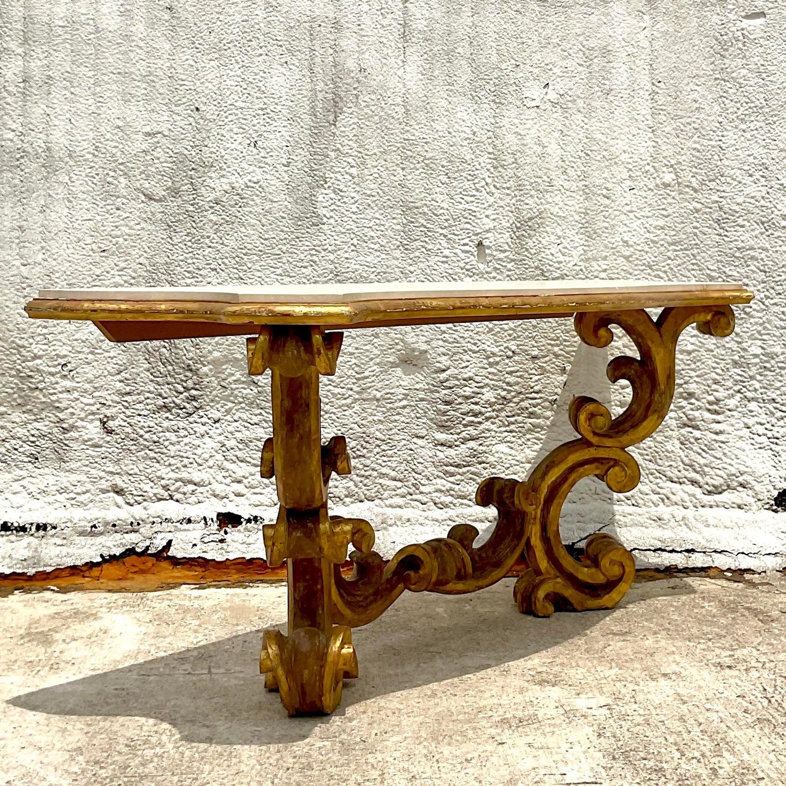 Travertine Mid 20th Century Vintage Rococo Gilt Wall Mount Console Table For Sale