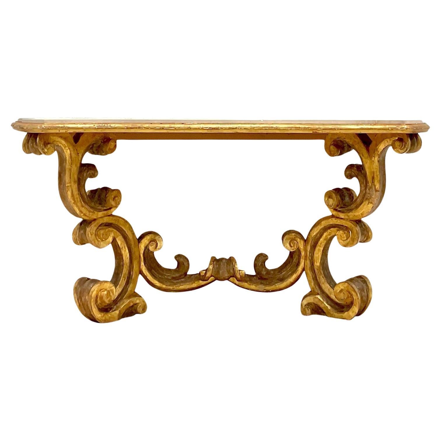 Mid 20th Century Vintage Rococo Gilt Wall Mount Console Table For Sale
