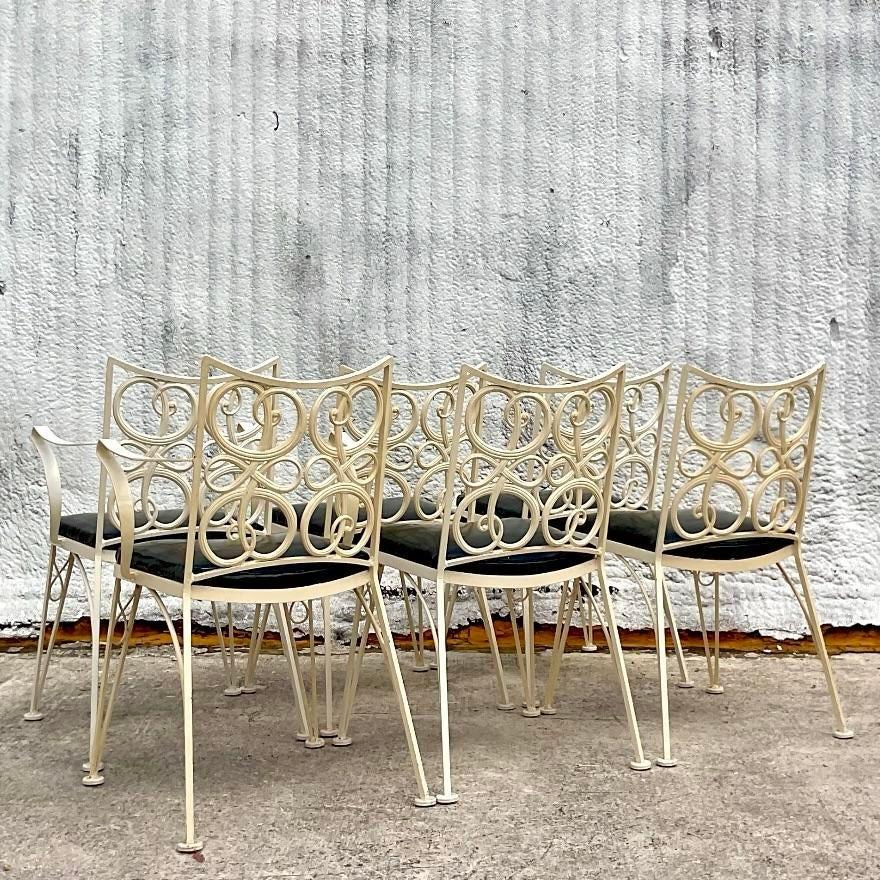American Mid 20th Century Vintage Signed Russel Woodard Wrought Iron Table & 6 Chairs For Sale