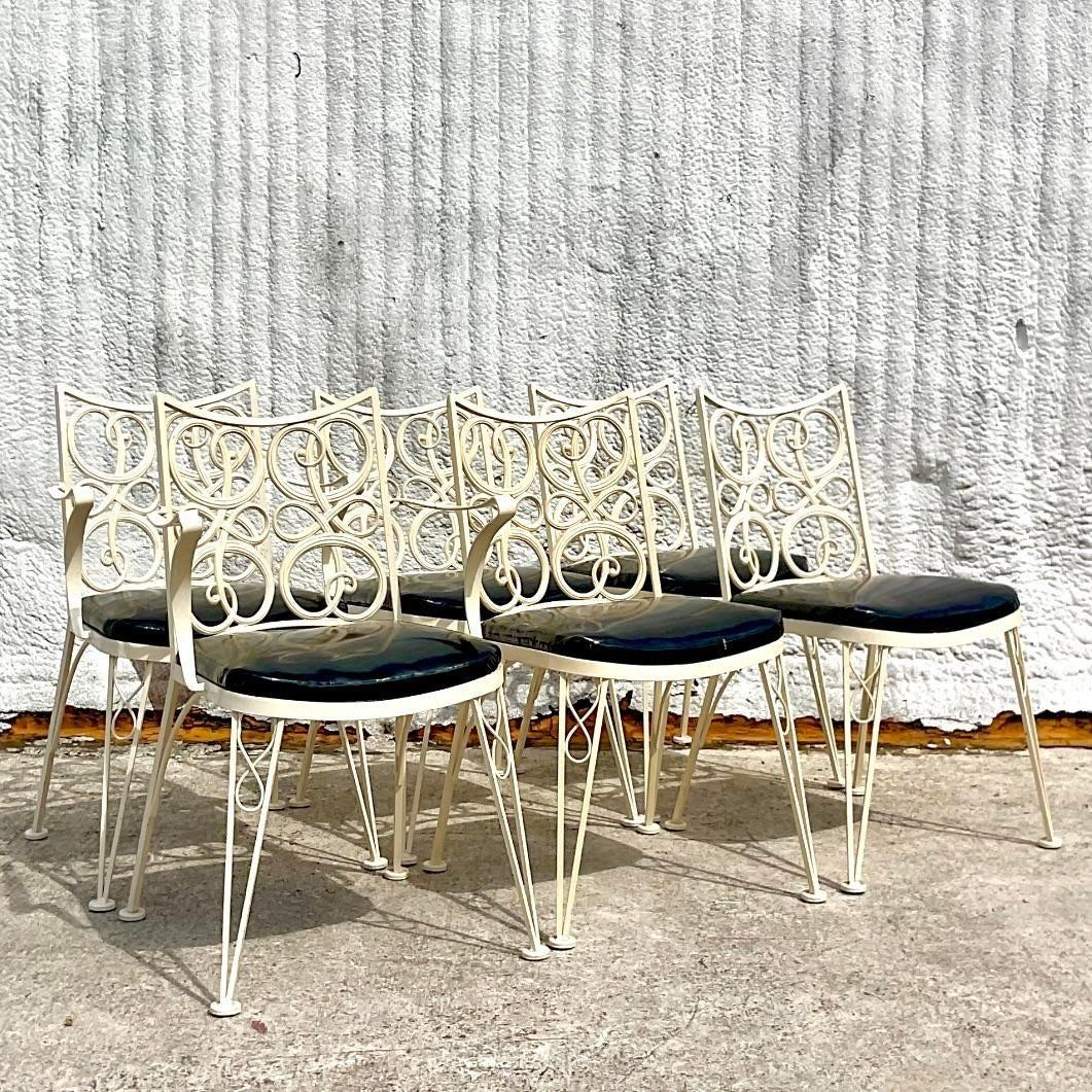 Mid 20th Century Vintage Signed Russel Woodard Wrought Iron Table & 6 Chairs In Good Condition For Sale In west palm beach, FL