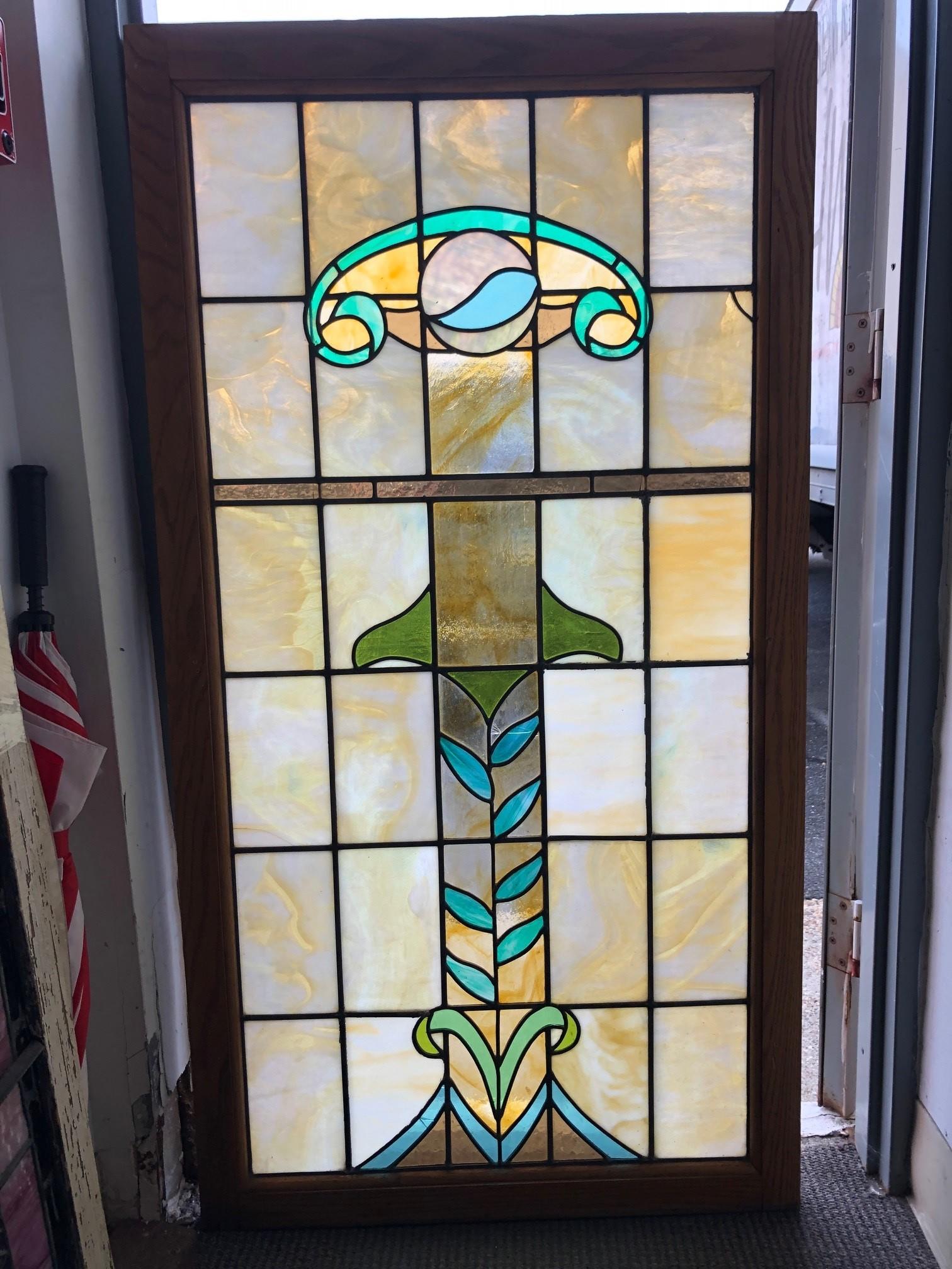 Mid 20th Century Vintage Stained Glass Window in a Oak Frame For Sale