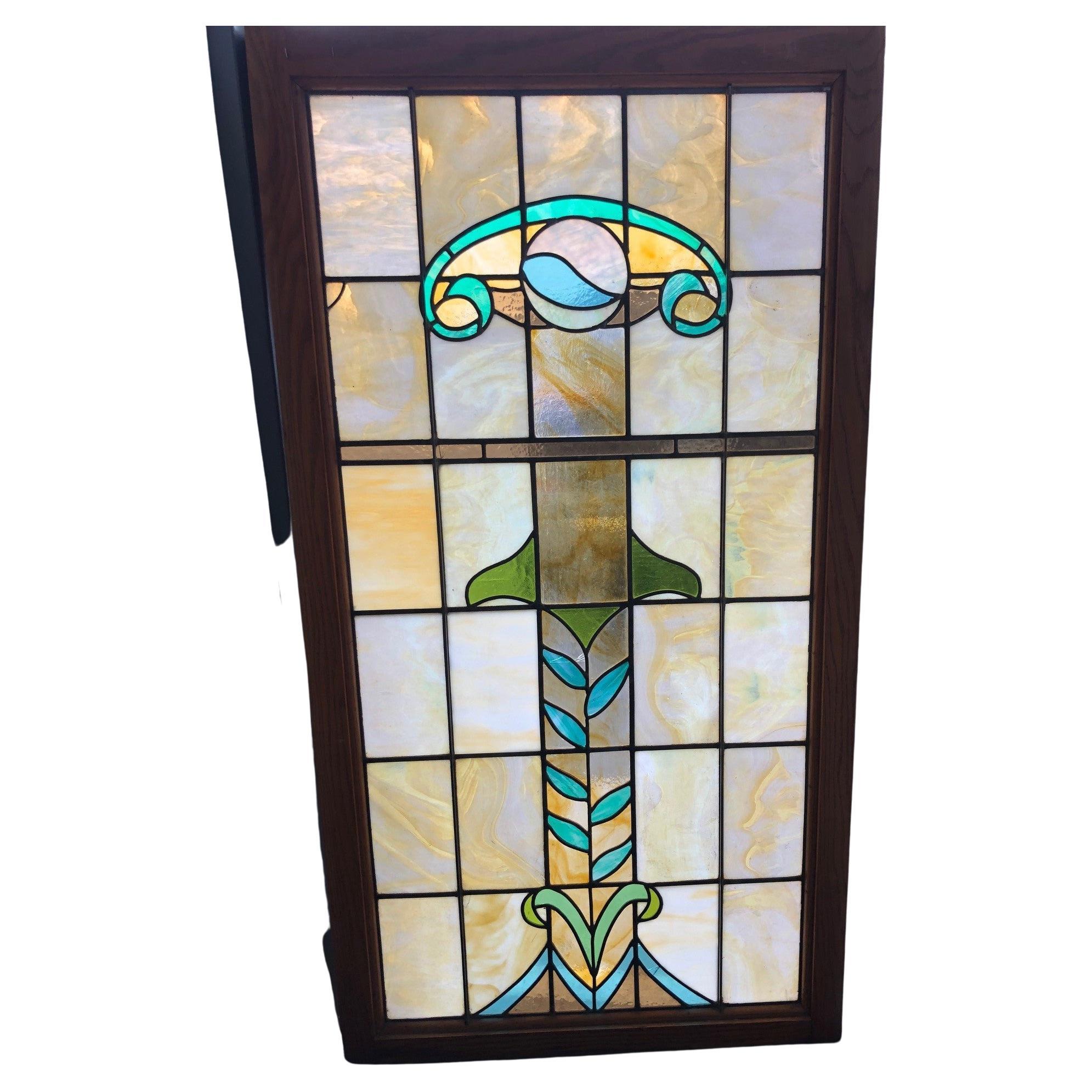 Mid 20th Century Vintage Stained Glass Window in a Oak Frame  For Sale