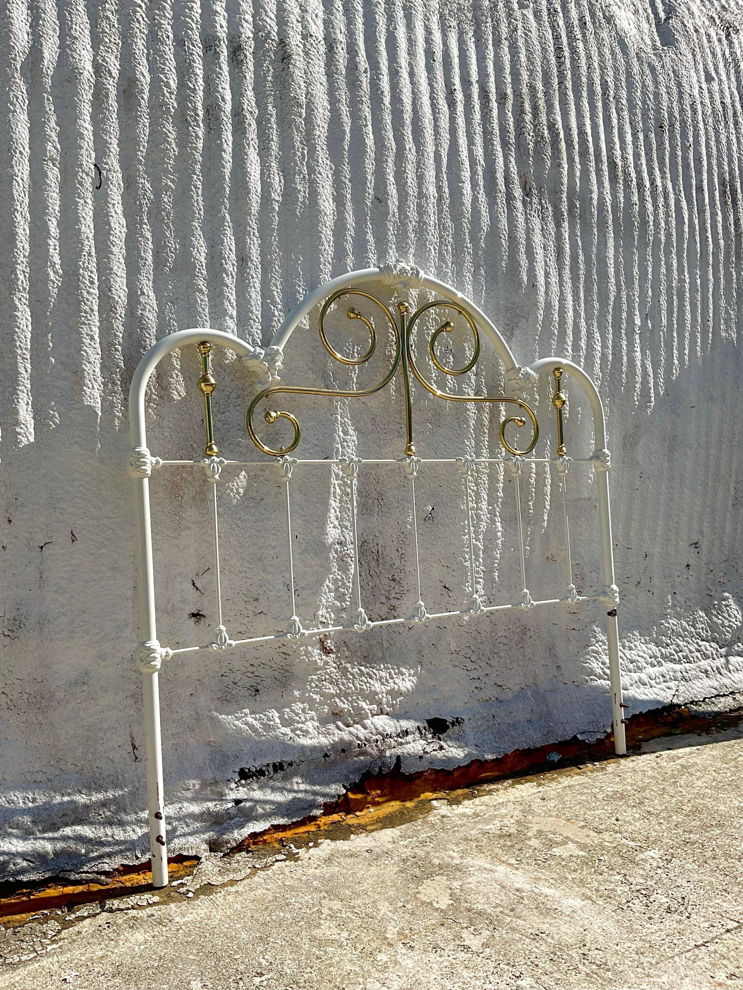 American Mid 20th Century Vintage Wesley Allen Brass Headboard in Gold & White in Queen
