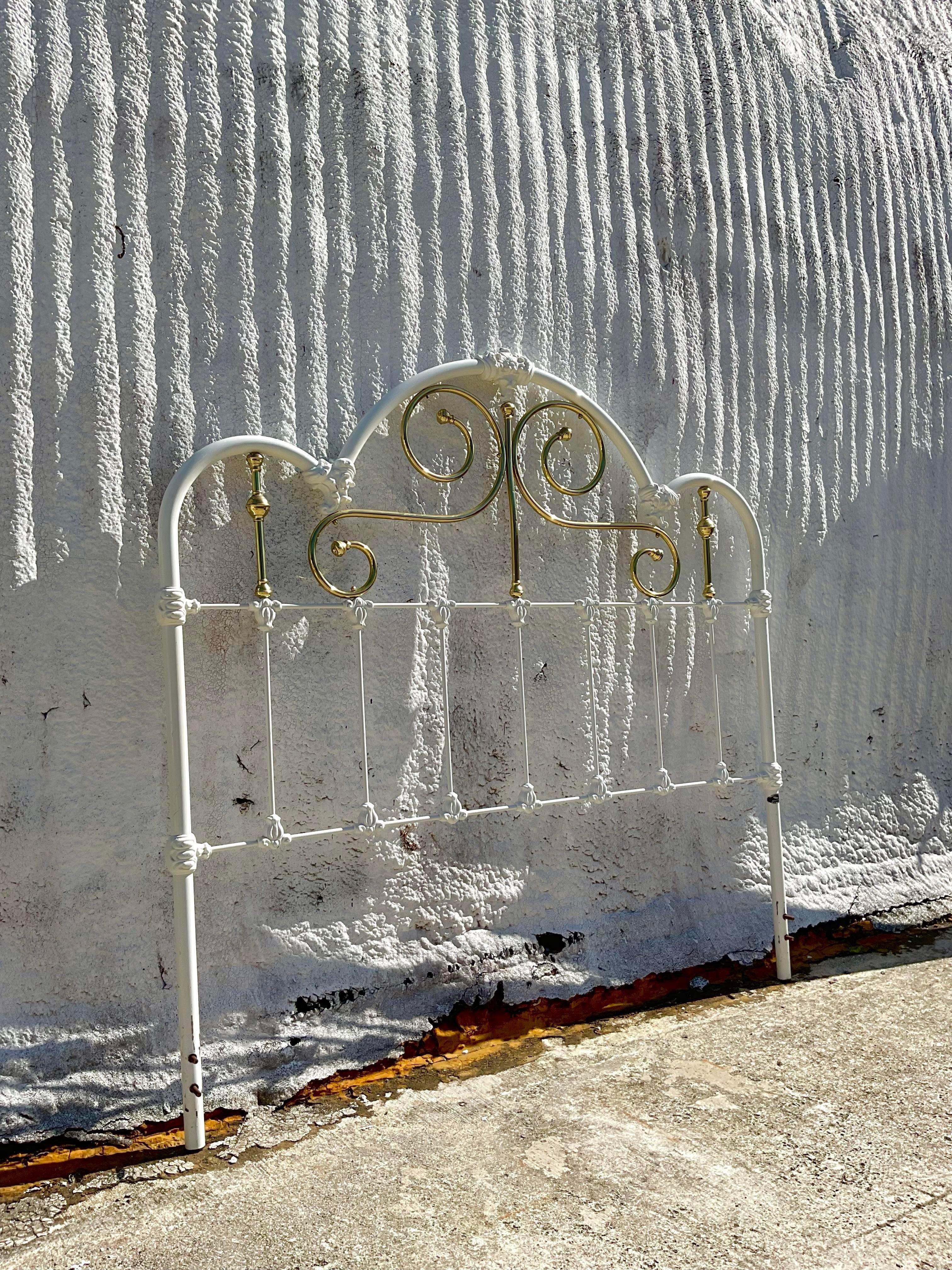 Mid 20th Century Vintage Wesley Allen Brass Headboard in Gold & White in Queen In Good Condition In west palm beach, FL