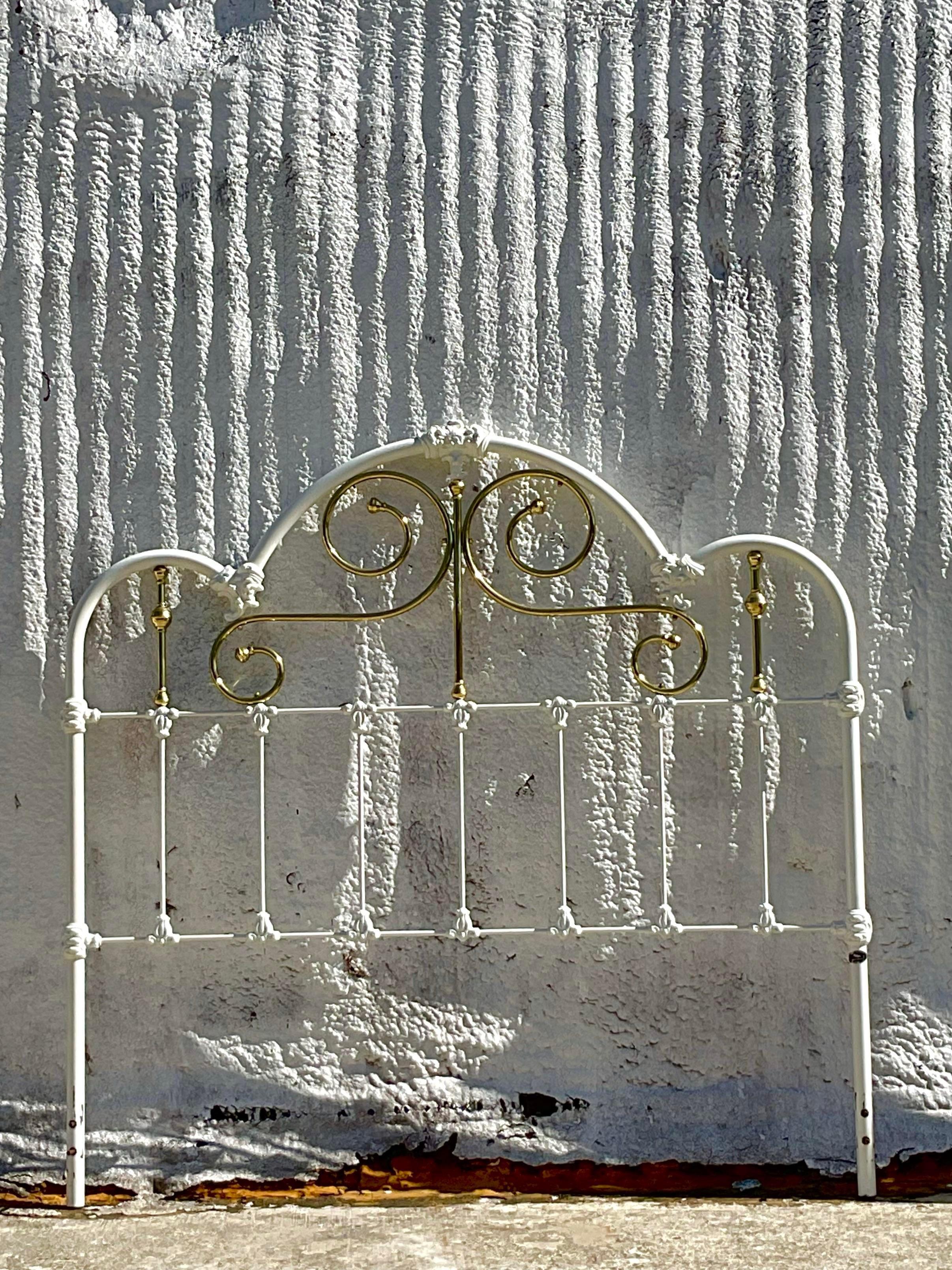Mid 20th Century Vintage Wesley Allen Brass Headboard in Gold & White in Queen 2