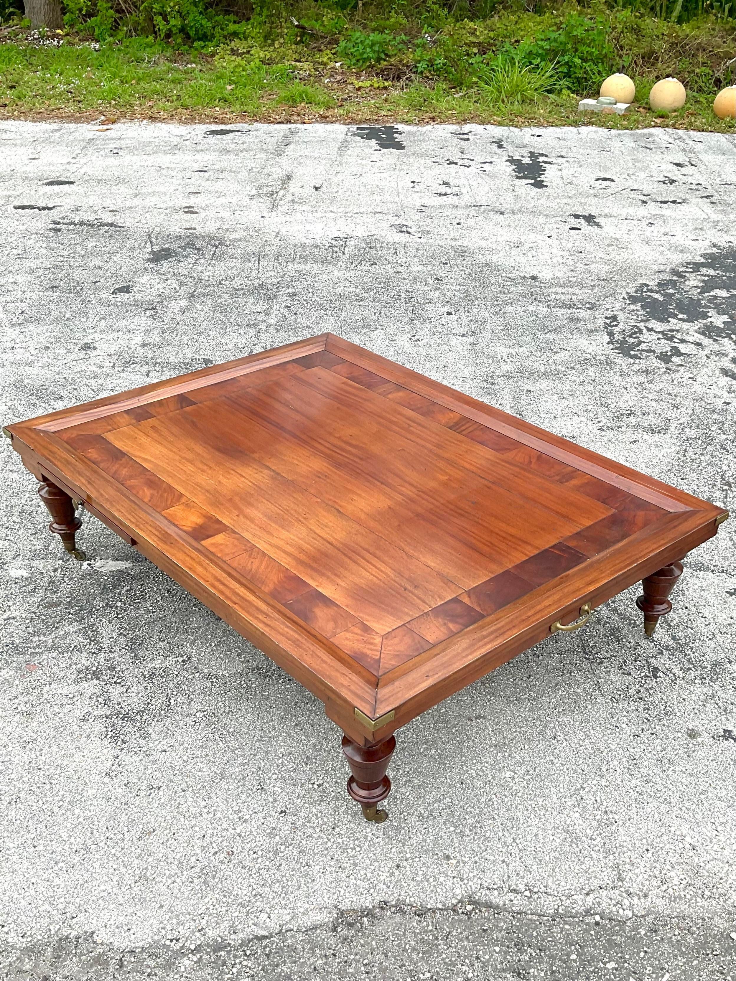Mid 20th Century Vintage Wood Inlay Extendable Coffee Table on Casters In Good Condition In west palm beach, FL