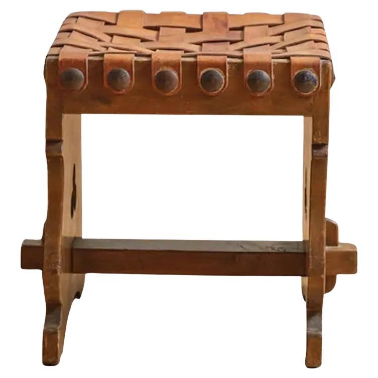Mid 20th Century Vintage Woven Leather Stool