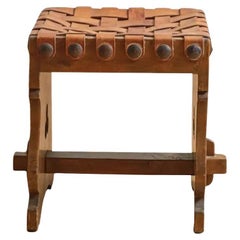 Taburete de cuero tejido vintage de mediados del siglo XX