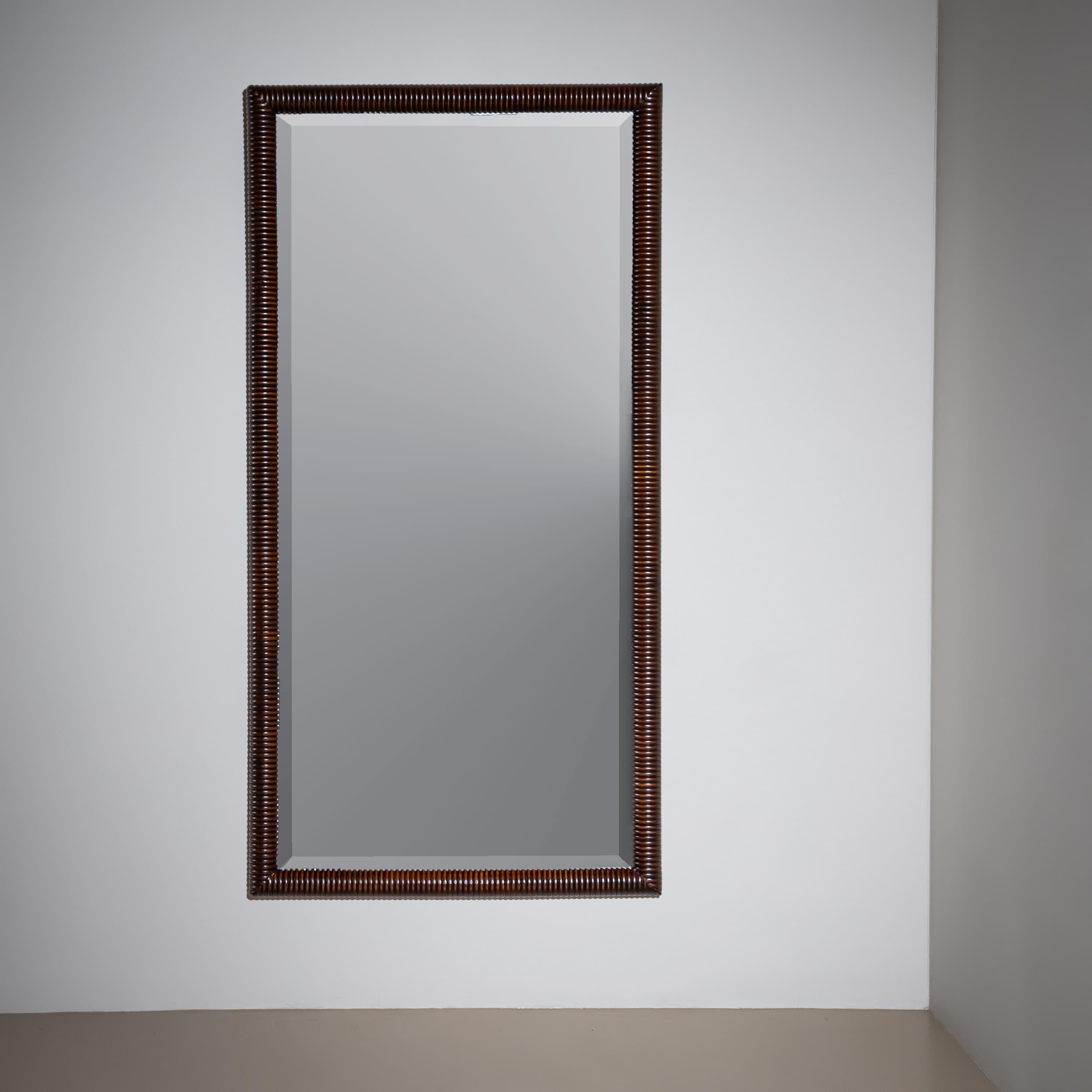 Mid-20th Century Wall Mirror in Ribbed Walnut Frame, Italy For Sale 1