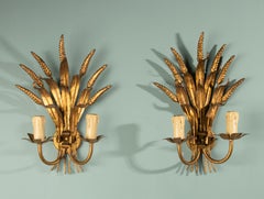Mid 20th Century Wall Sconces - Coco Chanel Style - Gilt Brass - Sheaf of Wheat