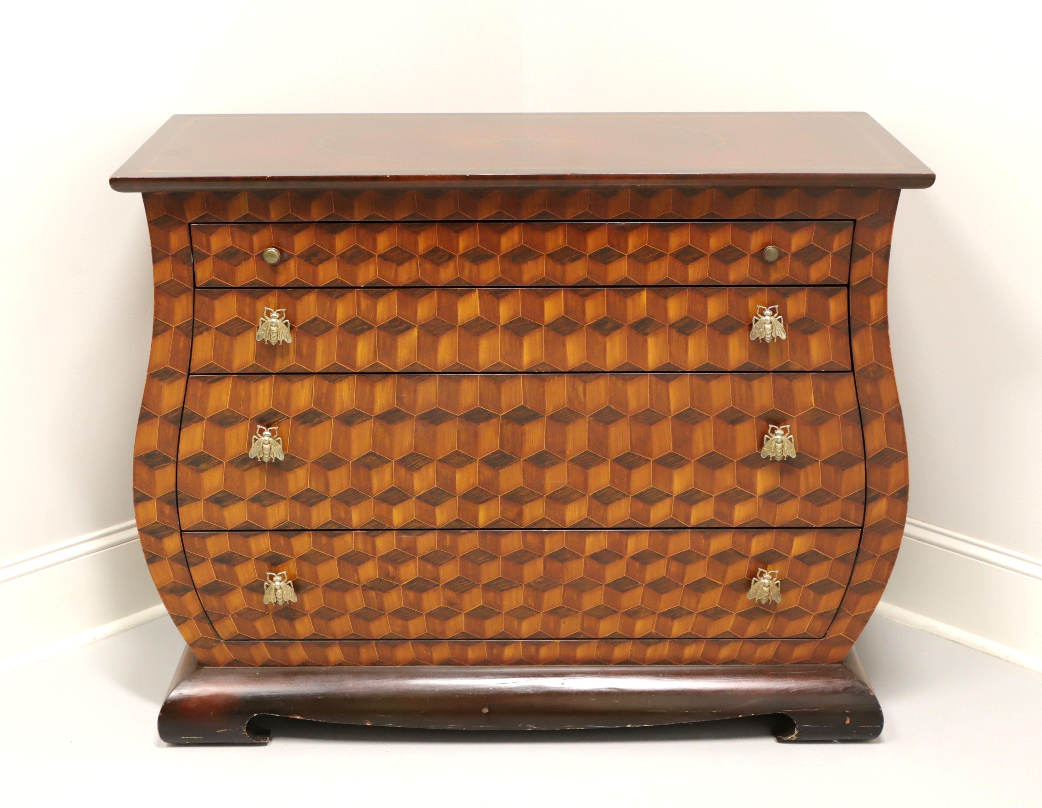 An Asian style bombe chest, unbranded. Hardwood painted with parquetry design to front and sides, banded top with honeybee painted to center, brass honeybee themed hardware, and Ming style feet. Features four drawers of various sizes. Made in the