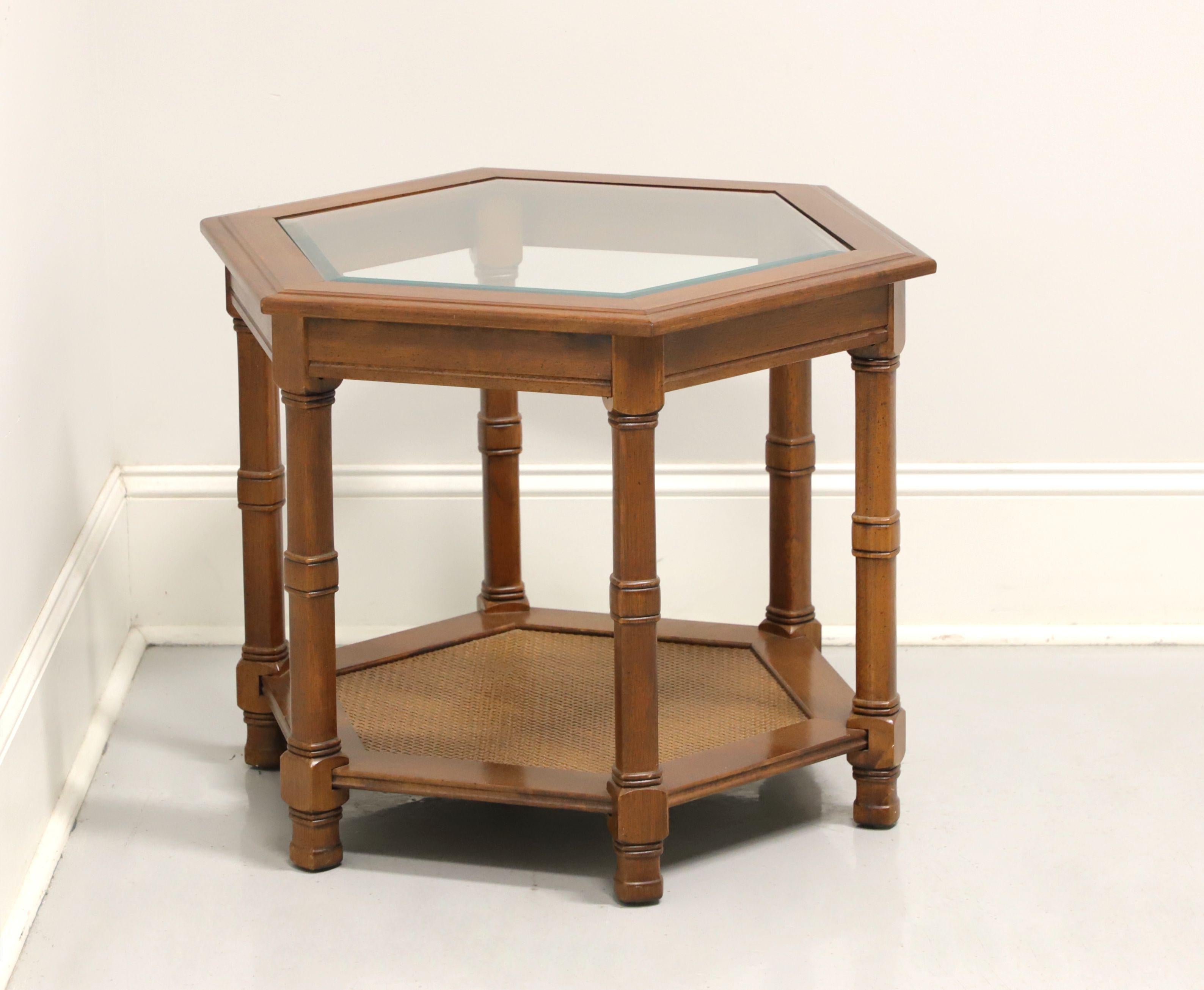 Mid 20th Century Walnut Hexagonal Glass Top Accent Table with Caned Shelf For Sale 1