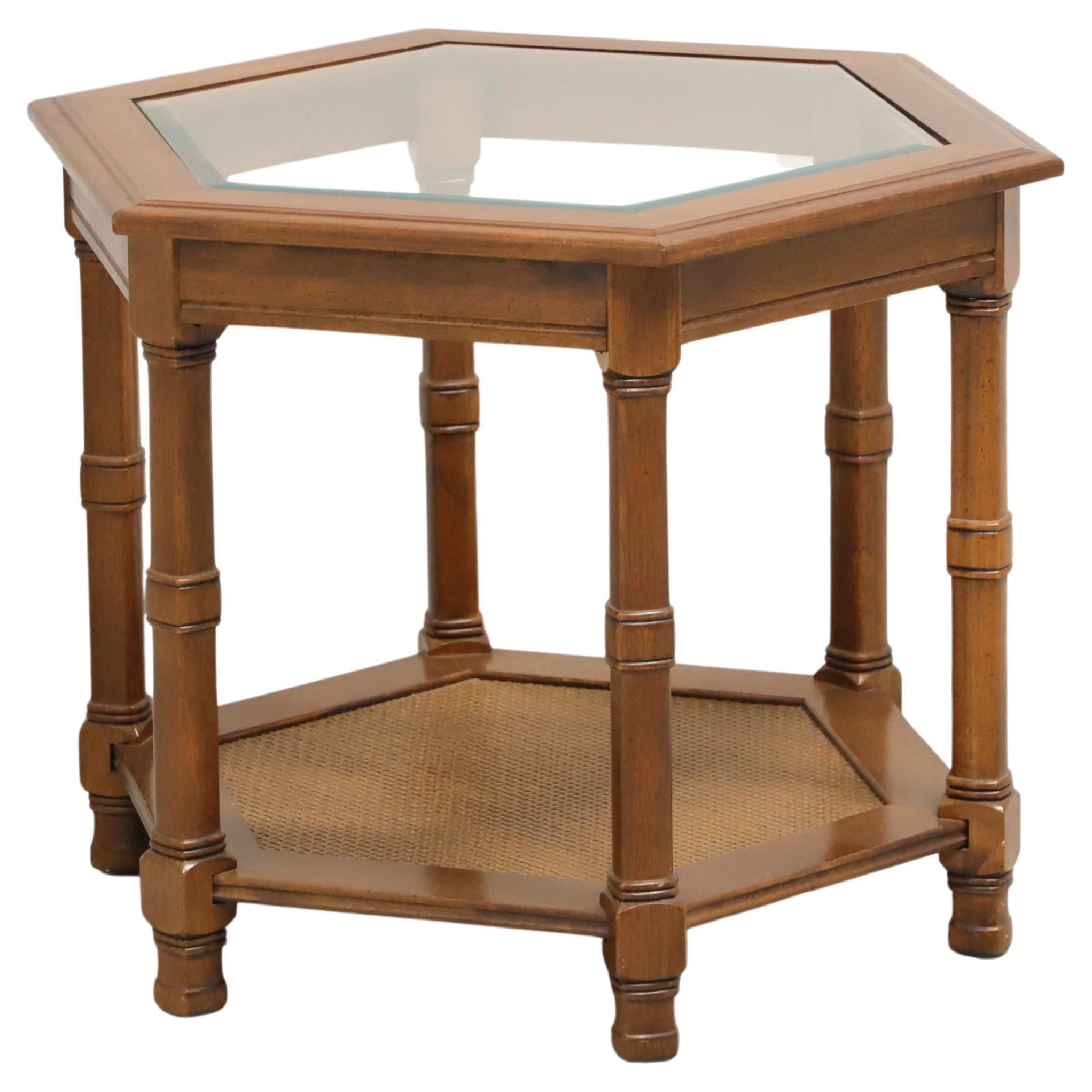 Mid 20th Century Walnut Hexagonal Glass Top Accent Table with Caned Shelf For Sale