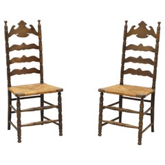 Mid 20th Century Walnut Ladder Back Chairs with Rush Seats - Pair