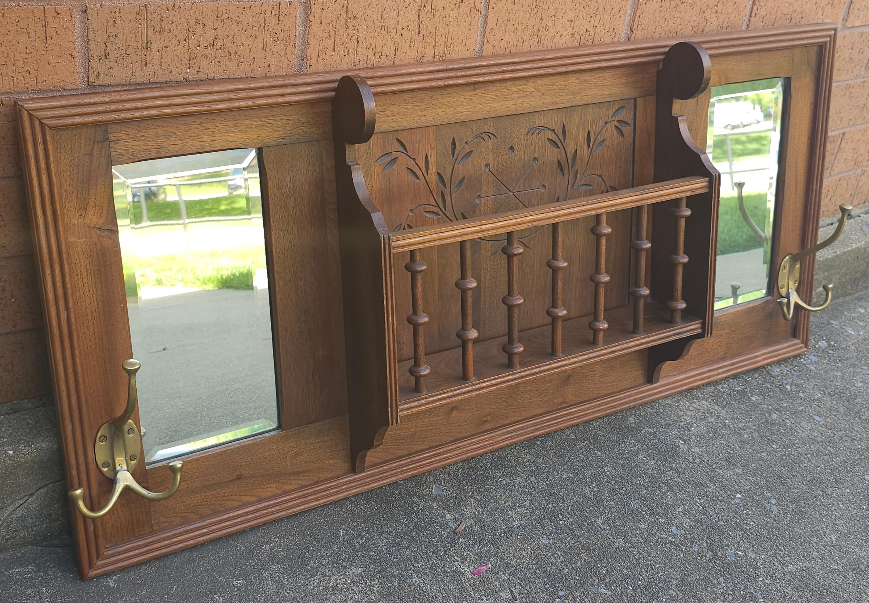 Other Mid-20th Century Walnut Mirrored Coat and Hat Rack with Spindle Storage Slot For Sale