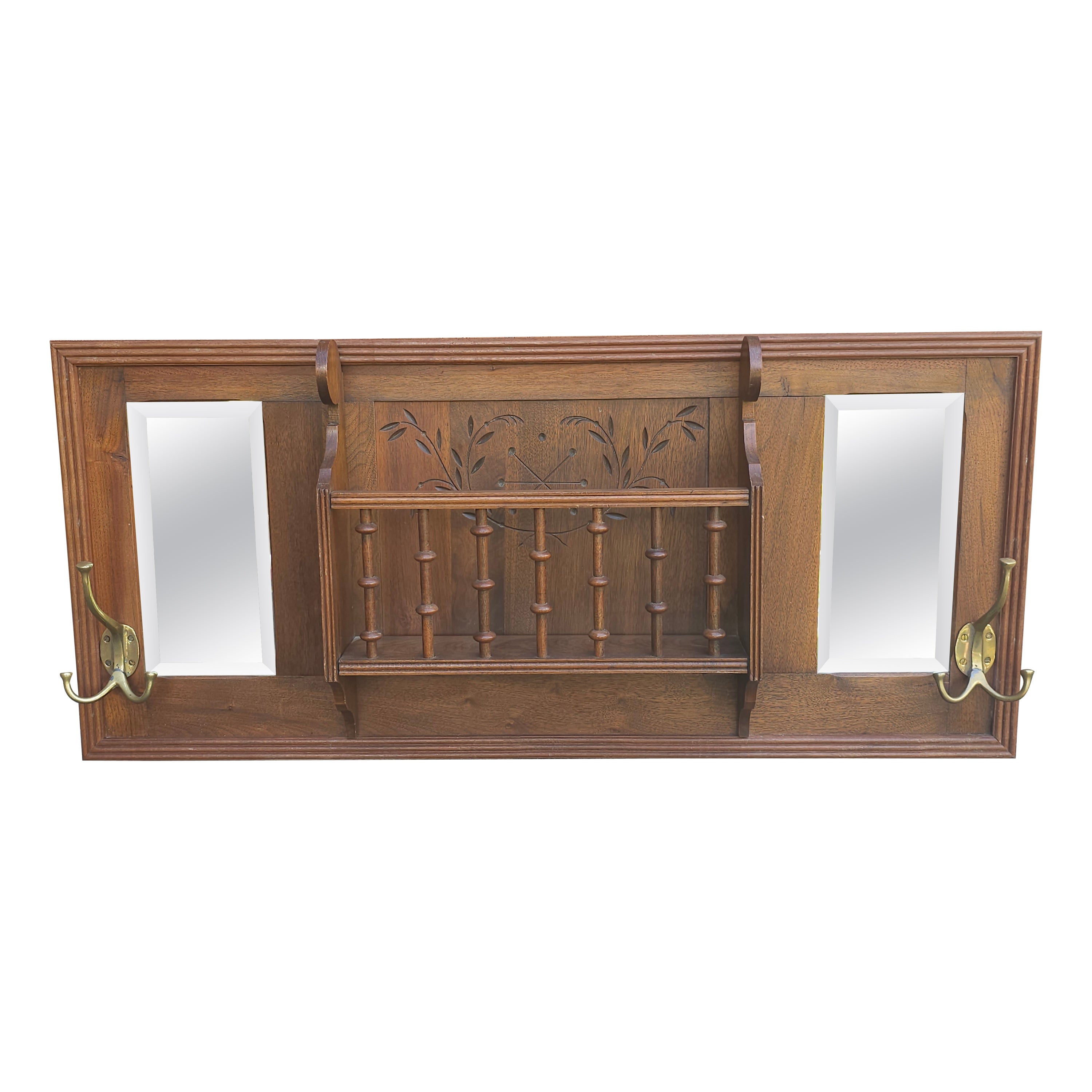 Mid-20th Century Walnut Mirrored Coat and Hat Rack with Spindle Storage Slot