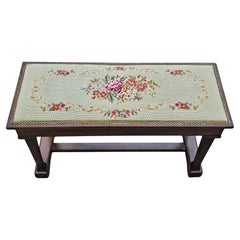 Mid 20th Century Walnut NailHead Trims and Needlepoint Upholstered Trestle Bench