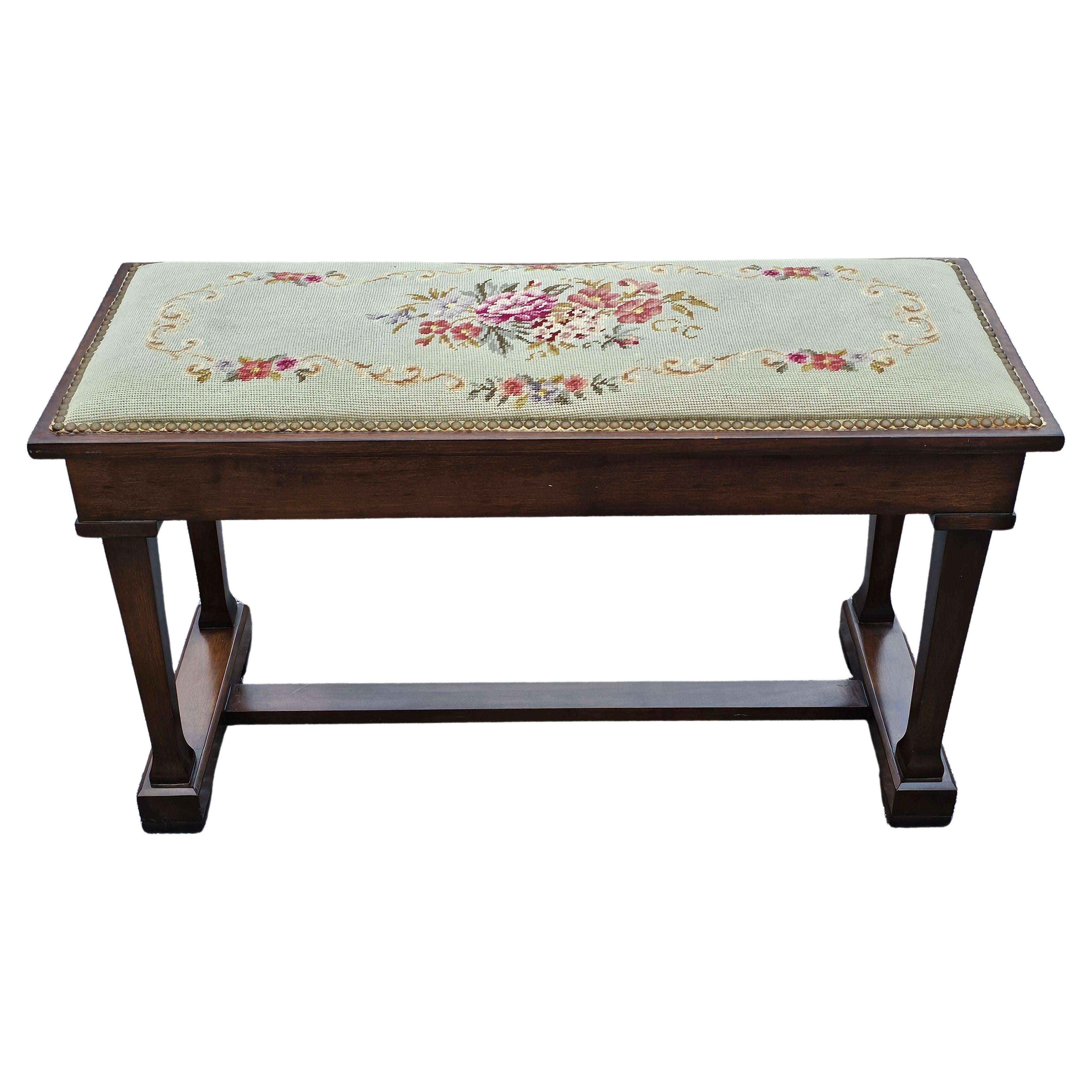 Edwardian Mid 20th Century Walnut NailHead Trims and Needlepoint Upholstered Trestle Bench For Sale