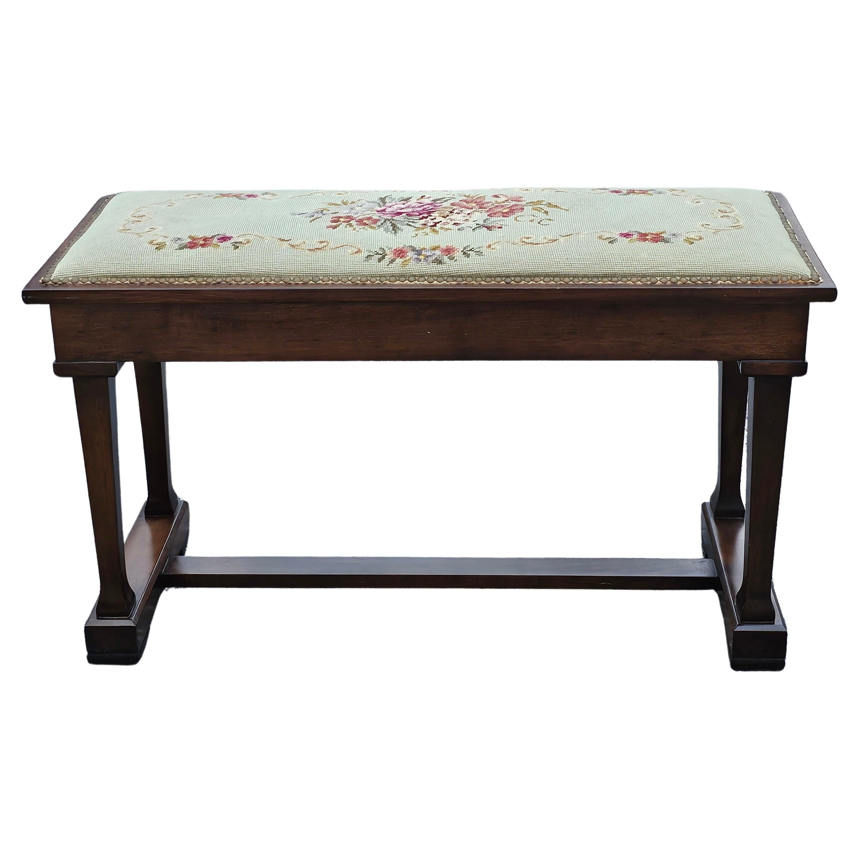 Mid 20th Century Walnut NailHead Trims and Needlepoint Upholstered Trestle Bench For Sale 1